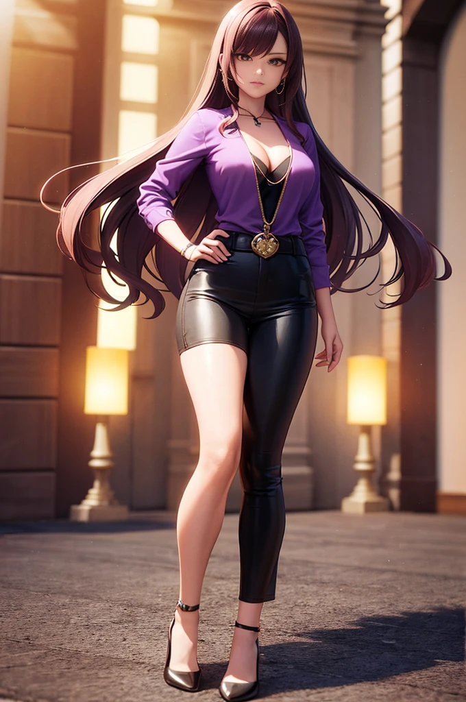 a full body view of a woman with long hair and a purple shirt, smooth anime cg art, render of april, anime styled 3d, portrait anime space cadet girl, starfire, portrait of a female anime hero, render of a cute 3d anime girl, anime girl of the future, portrait knights of zodiac girl, maya ali as a lightning mage, airbrush render