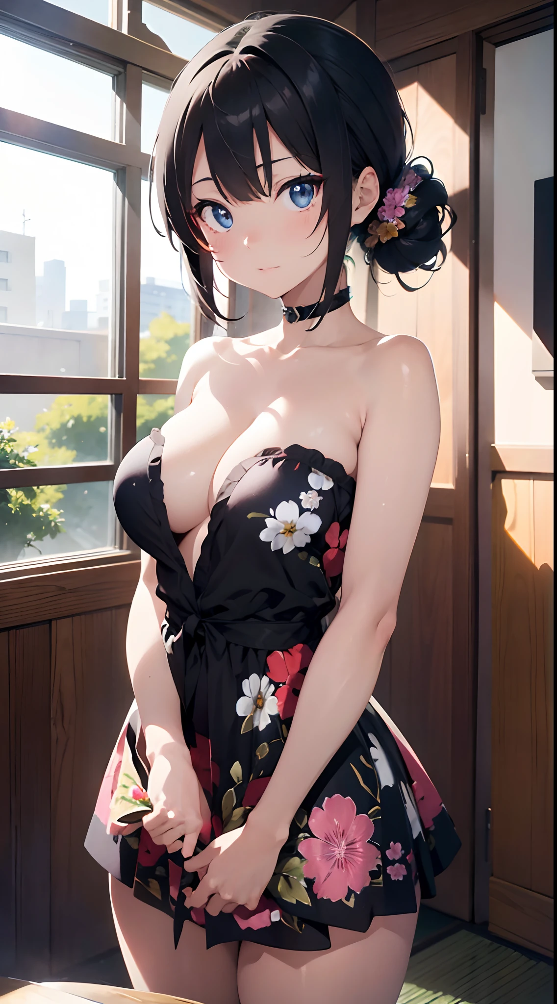 8k HD resolution, (masterpiece), best quality, expressive eyes, perfect face, Higly detailed, Professional art, vivid colours, 135 lens, natural lighting, ((bokeh)), (depth of field), Concept: Anime waifu wearing (daringly cleavage full floral patterned colourful insanely short glittery strapless dress), masterpiece luminescent anime style drawing, intricate details, [Composition: a striking eyed straight cut short bangs (two) japanese modern style strictly tightened back head bun and straight black haired, hyper-fair skin, hyper-detailed eyes anime character standing and looking curiously in the middle of the room, prism through sunset lighs coming through this particular window] full body art, sensual anime woman, anime illustration, beautiful anime artwork, anime artwork, sharp, high quality fabric, [Mai yoneyama artistic style hyper-detailed background], higly detailed painting of a anime waifu by award winning artist painting aiting