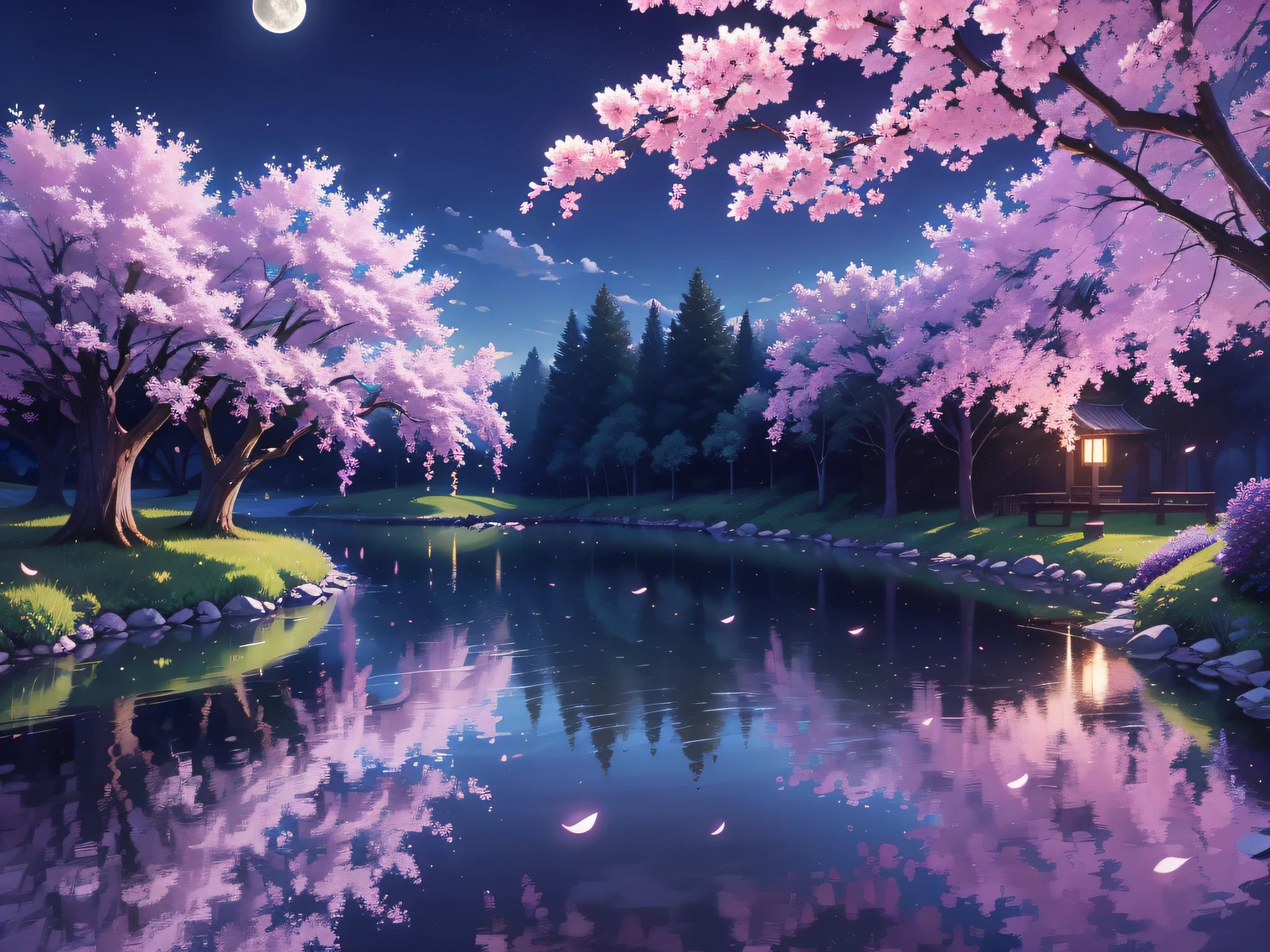 backround, CG, pnon, night, moon, wisteria, cheery blossom, one side is sky and the other is pond, panorama, ray tracing, reflection light, polar opposites, 8K, masterpiece, best quality, high quality, high details, super detail, highres, UHD