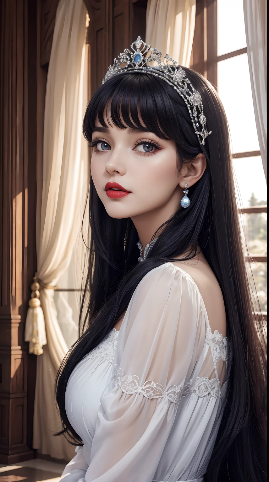 Liza Tukmisheva, 29 anos de idade,  como a Personagem da Disney Branca de Neve, Vestido Colonial nas cores azul e vermelho, medieval palace, look-at-camera, facial expression of tenderness, Curvilinear athletic body, pale skin, neve, montanhas, cabelos negros, cabelos escuros, cabelos pretos, red lips, olhar de ternura, look-at-camera, romantismo, Imperial Hall, cortinas, raios de luz penetrantes