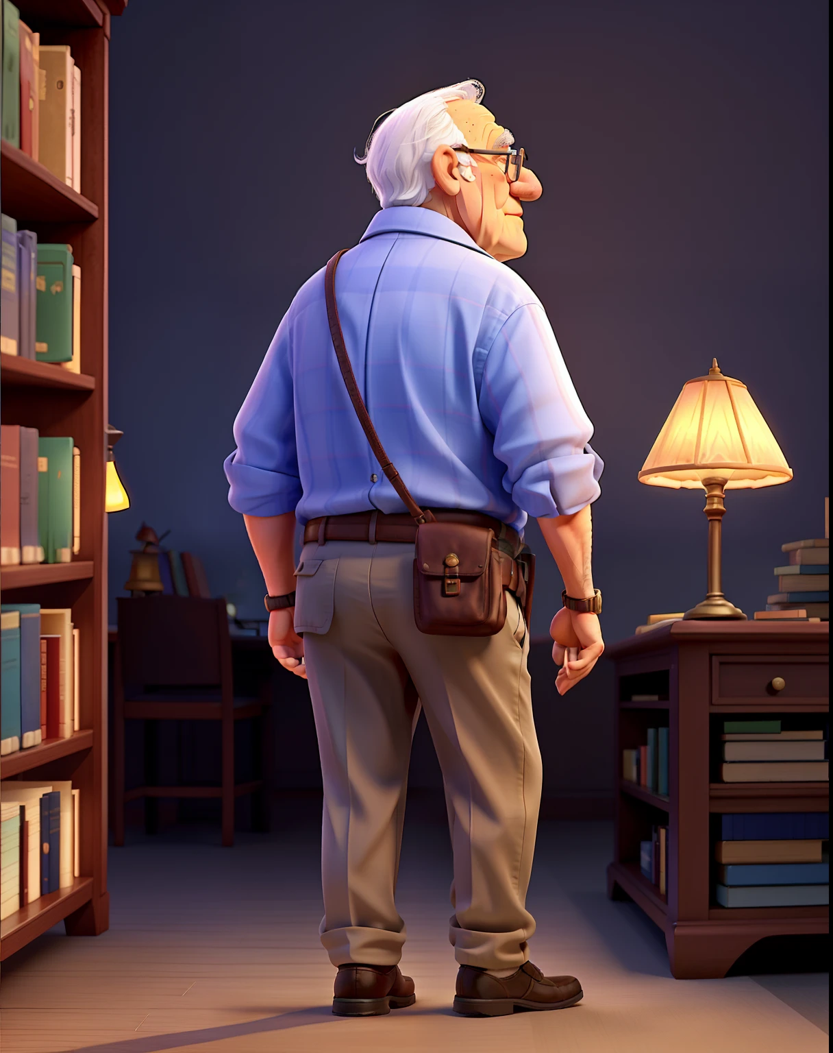 A wise old man standing in front, illuminated by the light of a lamp, against the backdrop of a library