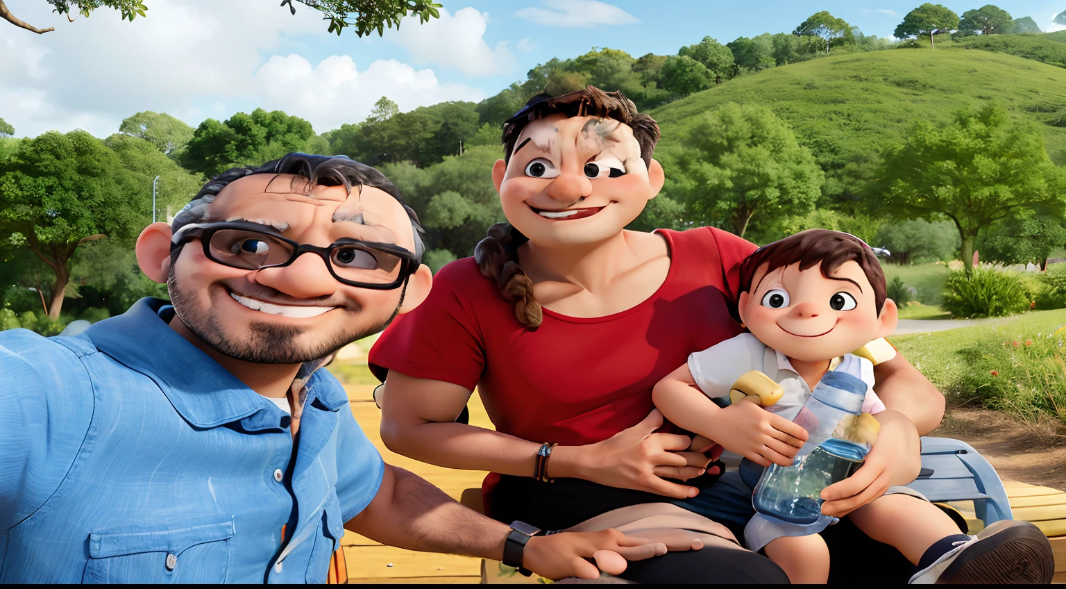 Smiling family sitting on a bench in a park with a bottle of water, marido esposa e filho, Directed by: Nandor Soldier, sem parque, belos arredores, Porto Rico, Happy family, Karla Ortiz, com montanhas ao fundo, com um parque ao fundo, Selvas ao fundo, Parque em segundo plano, sem parque em um belo dia