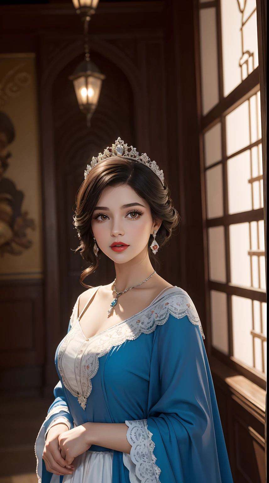 Liza Tukmisheva, 29 anos de idade, como a Personagem da Disney Branca de Neve, Vestido Colonial nas cores azul e vermelho, medieval palace, look-at-camera, facial expression of tenderness, Curvilinear athletic body, pale skin, neve, montanhas, cabelos negros, cabelos escuros, cabelos pretos, red lips, olhar de ternura, look-at-camera, romantismo, Imperial Hall, cortinas, raios de luz penetrantes