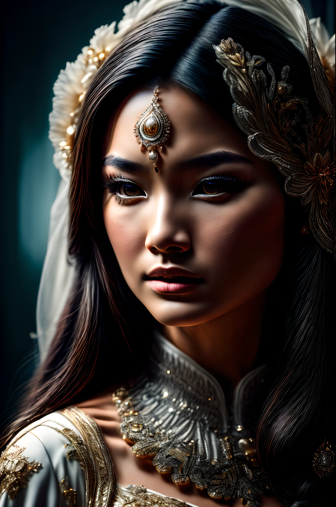 An eligant Asian woman wearing a princess dress with hazzel eyes and black hair in a high neck lined dress with a necklace filled with 100 diamonds, shallow depth of field, cinematic light, soft light (RAW, analogue, Nikon Z 14mm ultra-wide angle lens, award-winning photograph, ((best quality)), ((masterpiece)), ((realistic)), tessellation, ambient occlusion, ray-tracing, subsurface scattering, radiant light rays, high-res, detailed facial features, high detail, sharp focus, smooth, aesthetic, extremely detailed, (extremely detailed eyes, extremely detailed iris), octane render, photorealistic, realistic, post-processing, max detail, realistic shadows, roughness, natural skin texture, real life, ultra-realistic, photorealism, photography, 8k UHD, photography, hdr, intricate, highly detailed, sharp focus, stunning, 8k, intricate, highly detailed, majestic, digital photography, (masterpiece, sidelighting, finely detailed beautiful eyes: 1.2), HDR, wide angle camera, full portrait, full body, extremely detailed hair, extremely detailed skin, extremely detailed clothes, close up portrait, soft shadows