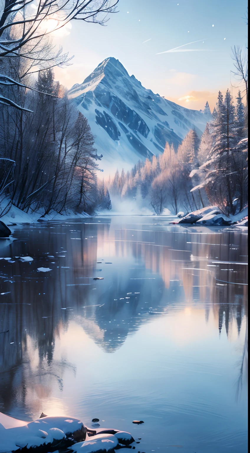 (Best quality,4K,8K,A high resolution,Masterpiece:1.2),Ultra-detailed,(Realistic,Photorealistic,photo-realistic:1.37),Cold morning,Frozen landscape,Winter wonderland,Misty atmosphere,magical scenery,Enchanting beauty,Sparkling ice,Surreal art,Ethereal charm,Fantastic spectacle,Spectacular views,Glittering sunlight,Subtle shadows,soft and muted colors,Dramatic skies,mystical aura,Distant mountains,Frost-covered trees,Sparkling crystals,Calm and serene,Fresh air,Peaceful silence,Distant horizon,Silent whispers,Mesmerizing frost pattern,Translucent ice,Delicate branches,Meticulous details,Endless tranquility,fairytale-like,breath taking beauty,Awe-inspiring,vibrant hues,Precise to the extreme,Radiant hair,Sublime works of art,Awesome visuals,Homely atmosphere,Heartwarming,Exquisite craftsmanship,Frozen World,Hidden secrets,A captivating masterpiece,Winter magic,frozzen