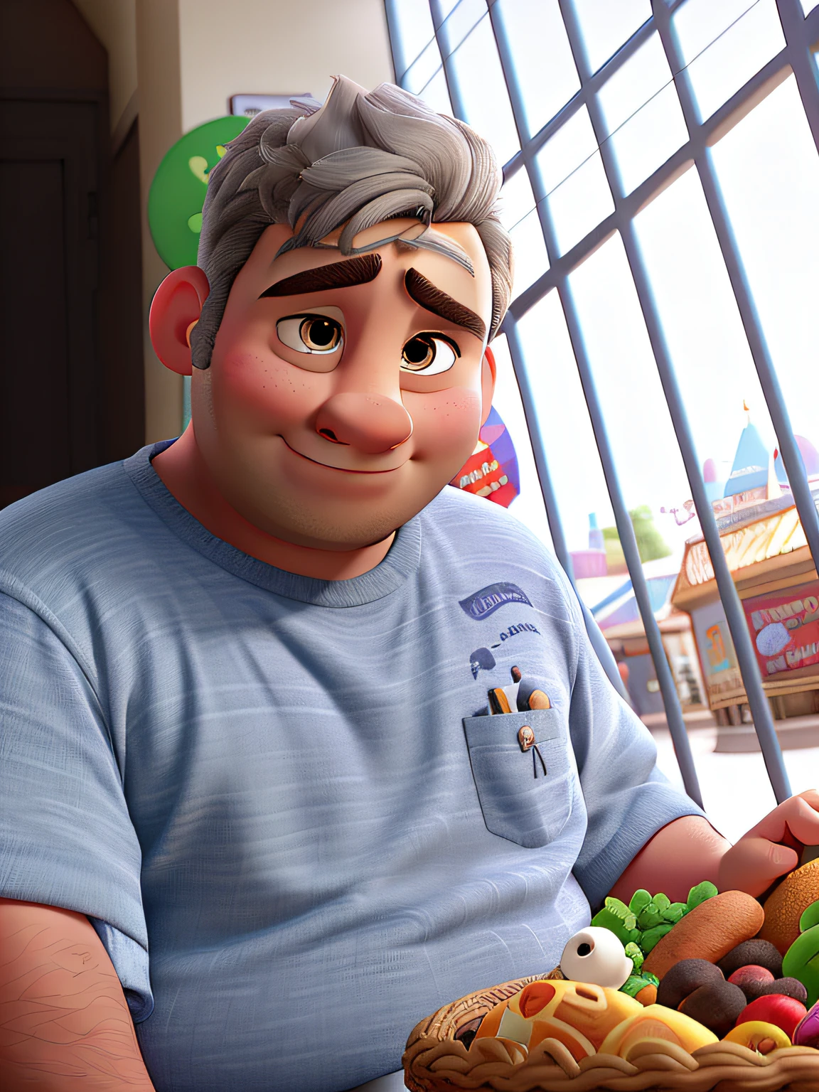 Disney Pixar Style Poster High Quality High Definition Overweight Man A Little White Hair Short Grayhair Dark Thick Eyebrow Big Nose Small Chin Small Mouth Medium Ears Small Eyes Dark Brown