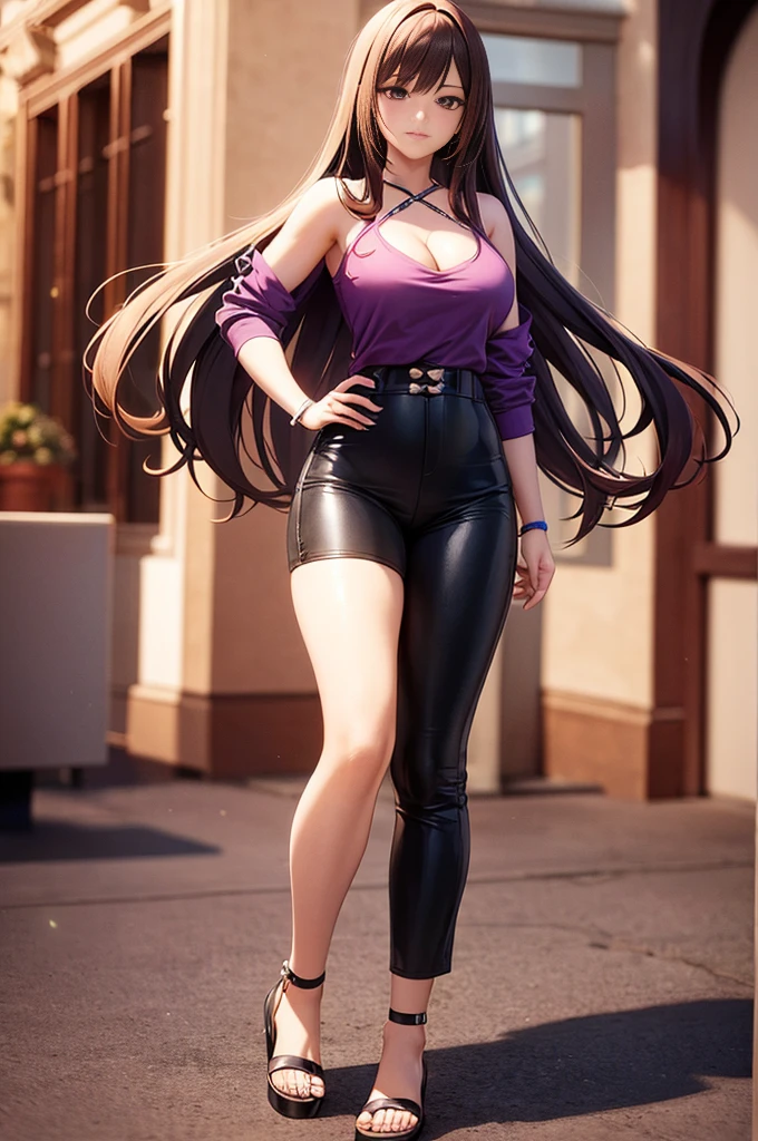 a full body view of a woman with long hair and a purple shirt, smooth anime cg art, render of april, anime styled 3d, portrait anime space cadet girl, starfire, portrait of a female anime hero, render of a cute 3d anime girl, anime girl of the future, portrait knights of zodiac girl, maya ali as a lightning mage, airbrush render