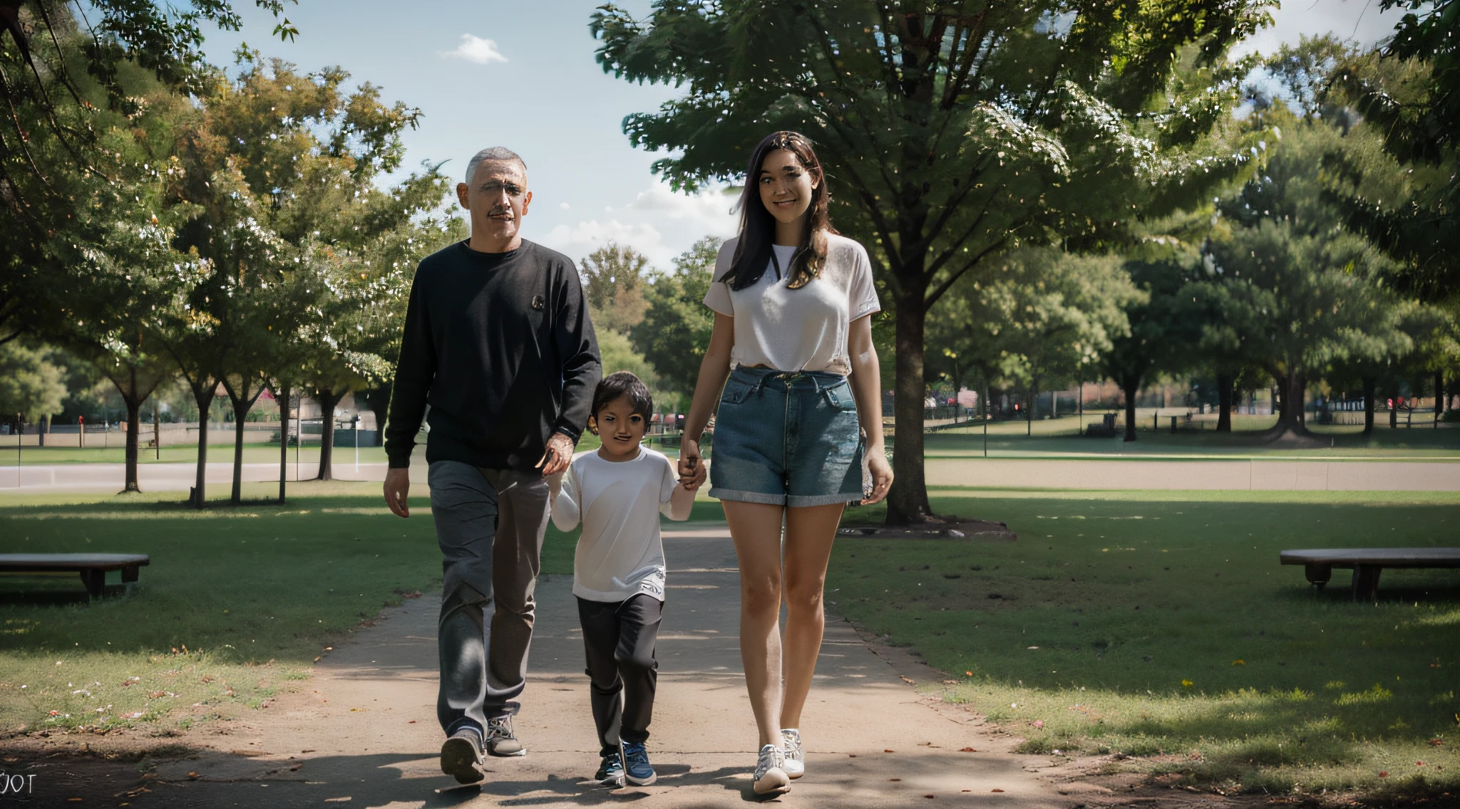 (8k, Foto RAW, best quality, master part:1.2), (Realistic, photo-realistic:1.37) Father Mother and children in a park full of trees and on a sunny day