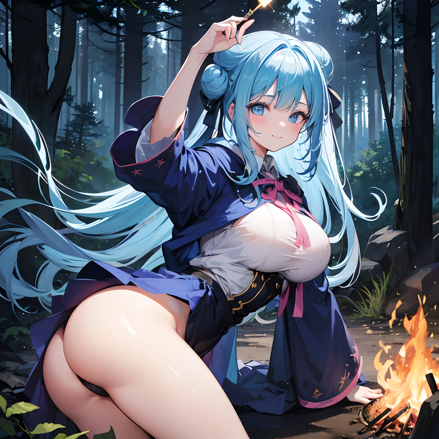 in the woods at night,Make a bonfire,Tired and sleeping,Show me your big ass,1 persons,ta Face,very large breast,Blue eyes,Wizard's attire,holding a magic wand,low angles,Have fun with a smile,Looks Back,Light blue hair bun hair,A large ribbon in the hair,Pink T-back,