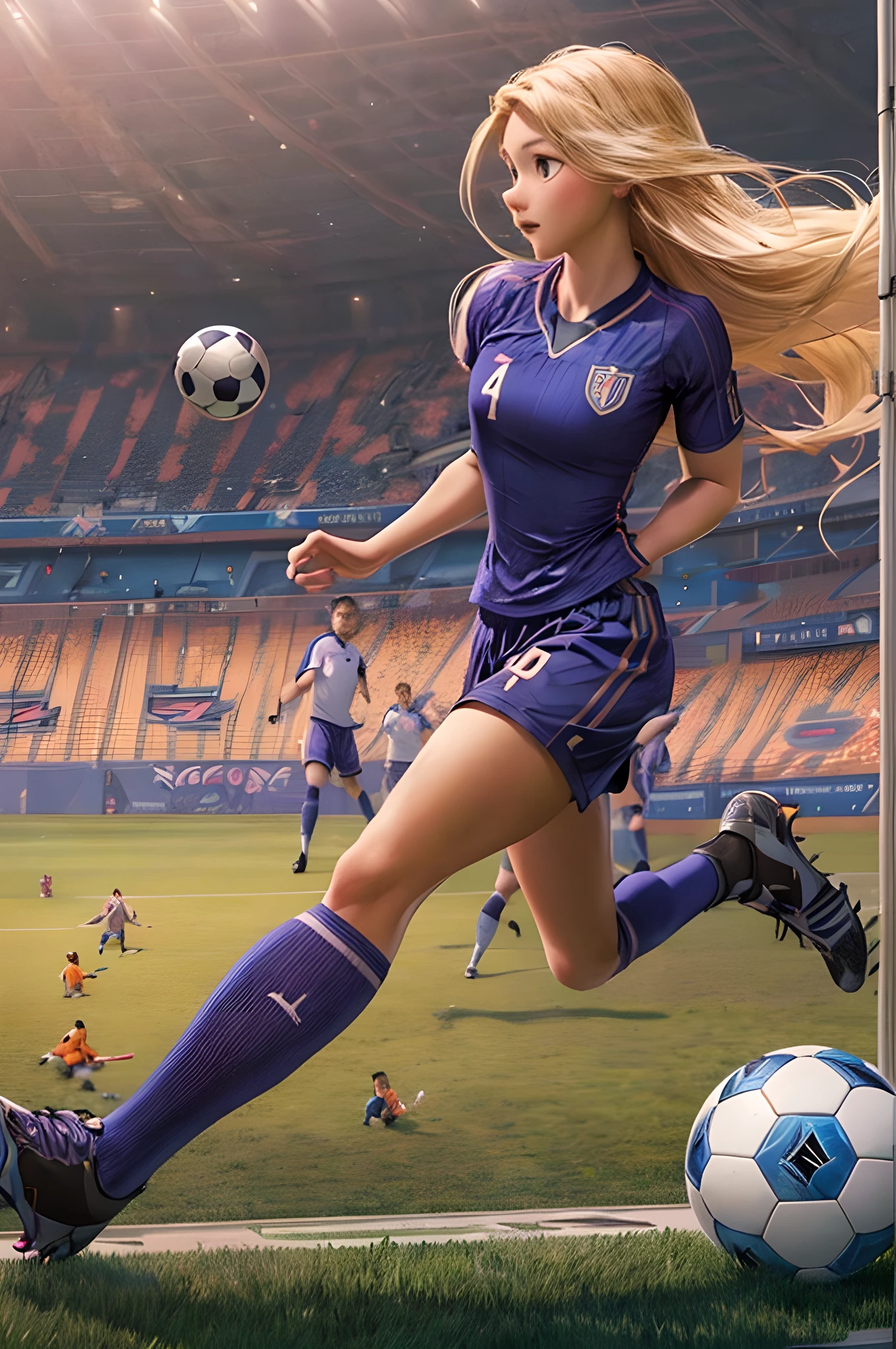 high quality,hd,16k,sharp line,1girl,female soccer athlete ,cute face, large breasts, nice legs,shoot a soccerball, sweat,in soccer venue,focus girl,detailed beautiful face,detailed clothes,beautiful eyes,pretty,dynamic angle