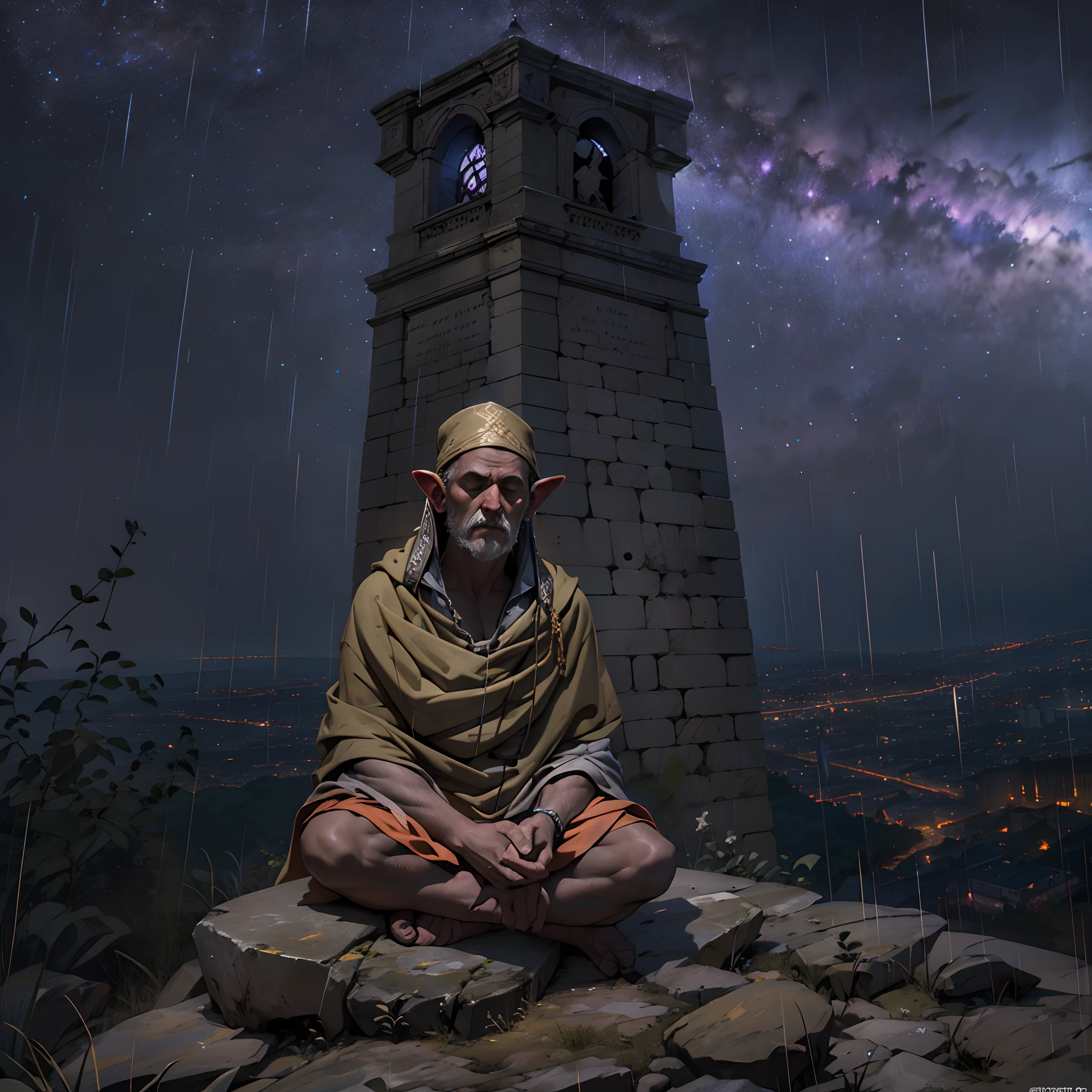 Gargola de piedra meditando en la cima del temolo notredame,hambiente tetrico,bajo la lluvia,noche oscura,rallos y truenos,en las alturas,acagchado en un saliente,dimonaco,guardian,