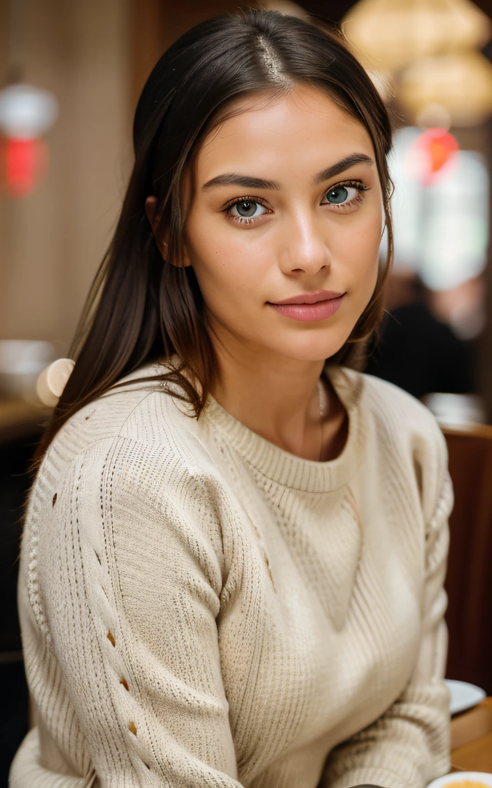 beautiful brunette wearing beige sweater (having lunch inside a Chinese restaurant), very detailed, 18 years, innocent face, long hair, pony,tail blue eyes, high resolution, masterpiece, best quality, intricate details, highly detailed, sharp focus, detailed skin, realistic skin texture, texture, detailed eyes, professional, 4k, charming smile, shot on Canon, 85mm, shallow depth of field, kodak vision color, perfect fit body, extremely detailed, foto_\(ultra\), photorealistic, realistic, post-processing, maximum detail, roughness, real life, ultra realistic, photorealism, photography, 8k uhd, photography