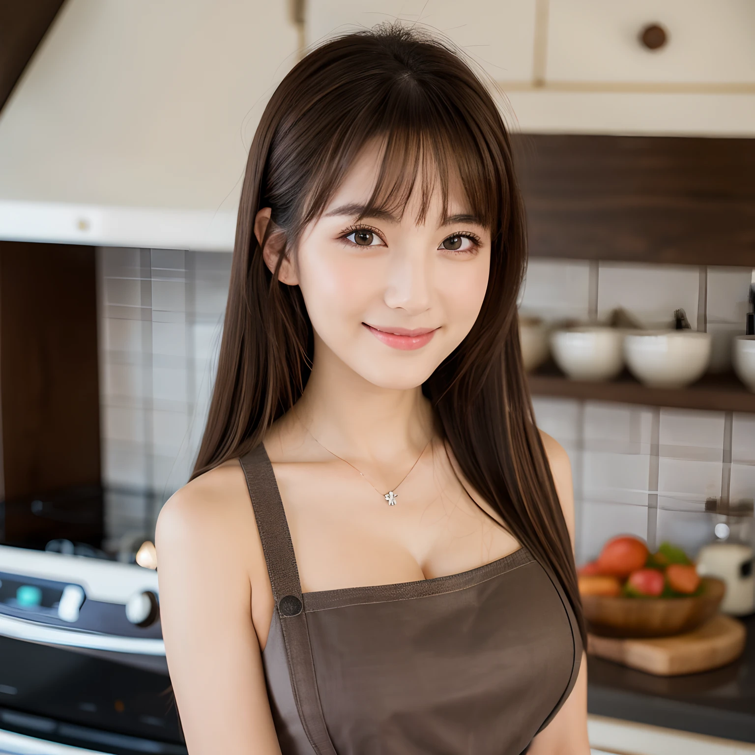(Best Quality, in 8K, ) Beautiful Women in Perfect Figure:dark brown hair, Wearing a pendant, Wearing an apron, In the kitchen, extremely detailed face and skin, Detailed eyes, Double eyelids, Big breasts, Smile, Cooking, Apron, Long hair