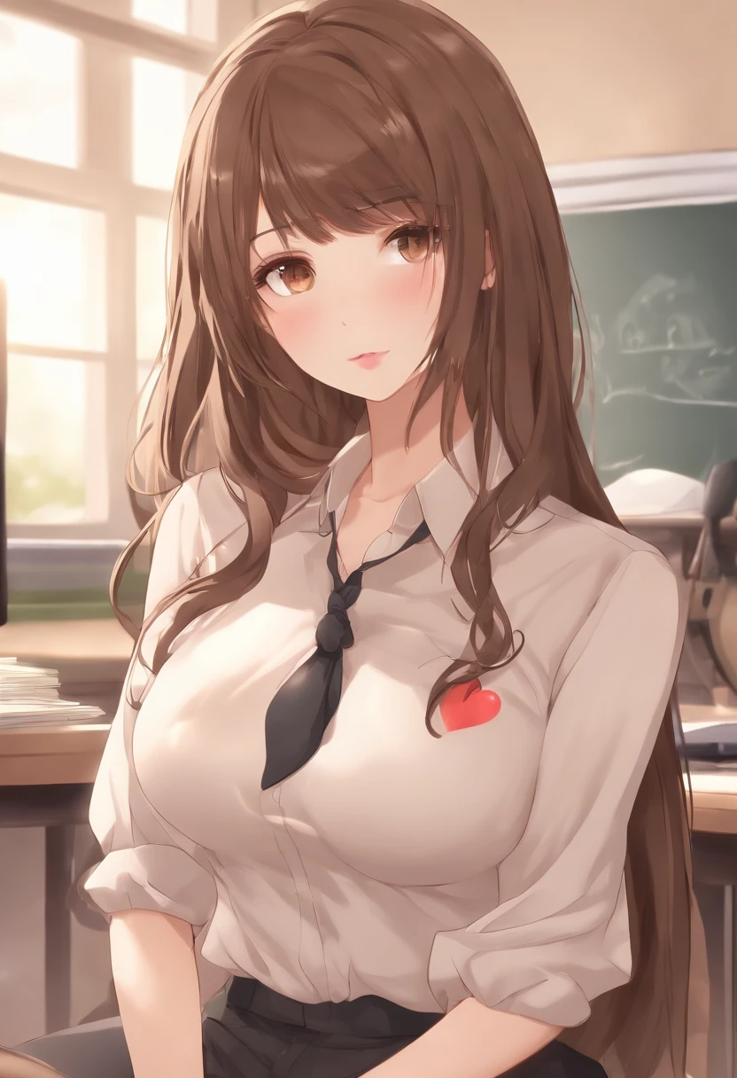 1girl, Long brown hair, ((GIGANTIC boobs)), young, classroom, semi-transparent shirt, cinematic lighting, (()), brown eyes, ((heart-shaped pupils)),(sit at a desk with your legs spread wide apart),Clearly visible detailed female pubic hair:1.0),(do not wear any clothing),(Appear to be totally nude),