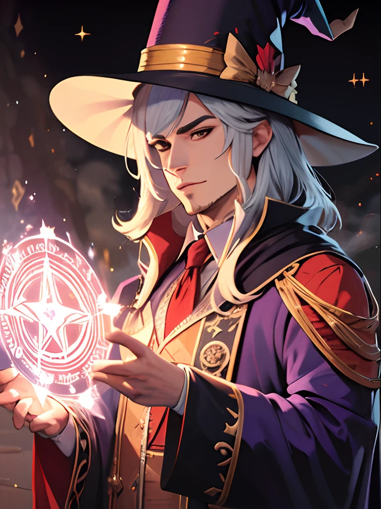 estilo anime, anime, ((mago)), ((Robes and magician's hat)), macho maduro, Tonificado, ((bruxo masculino)), , master part, absurdos, detalhes finos, HDR, sozinho, parte superior do corpo, charming expression, ((pele clara)), Magical runes around you, magic circle in the background, (absurdos, highres, ultra detalhados: 1.2), (1 homem bonito: 1.4), (cabelos brancos), (usando magia escura: 1.4), magia roxa, playful illustrations, imaginative overlays, artistic fusion, fantastic scenes, narrativas evocativas, visuais impressionantes