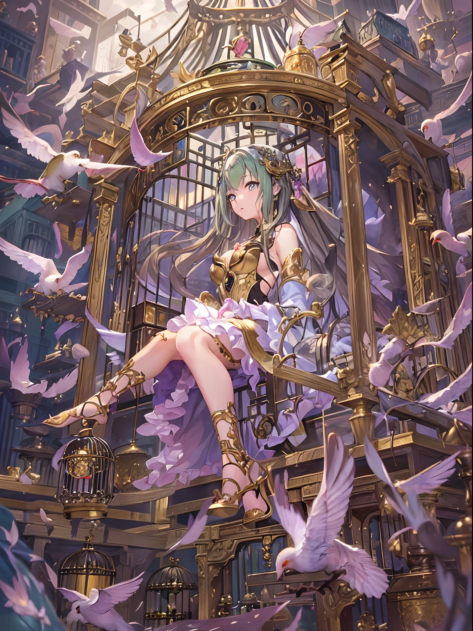 Finest quality)),(超A high resolution),(ultra-detailliert),(Meticulous portrayal),((Best Anime)),(Finest works of art),sharpnes,Clair,Ultra-Precision Art,The art of astounding depiction,Beautiful fantasy art with intricate and detailed details, (1人の女性:1.5),saddened, (She is trapped in a birdcage:1.5),in a bird cage