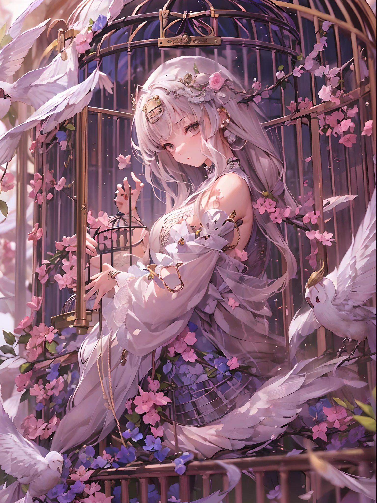 Finest quality)),(超A high resolution),(ultra-detailliert),(Meticulous portrayal),((Best Anime)),(Finest works of art),sharpnes,Clair,Ultra-Precision Art,The art of astounding depiction,Beautiful fantasy art with intricate and detailed details, (1人の女性:1.5),(saddened:1.5),sorrowful, (She is trapped in a birdcage:1.5),in a bird cage