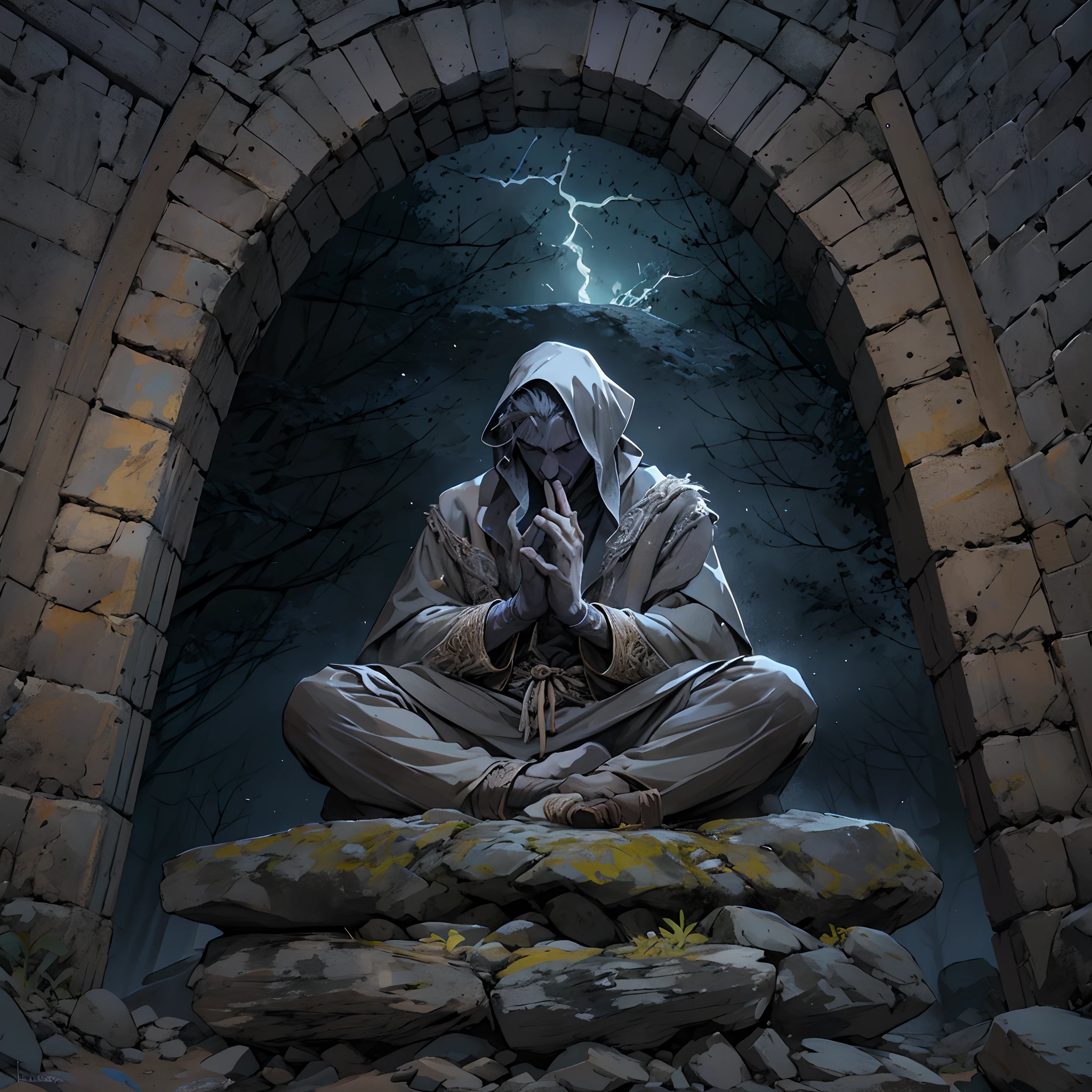 Gargola de piedra meditando en la cima del temolo notredame,hambiente tetrico,bajo la lluvia,noche oscura,rallos y truenos,en las alturas,acagchado en un saliente,dimonaco,guardian,