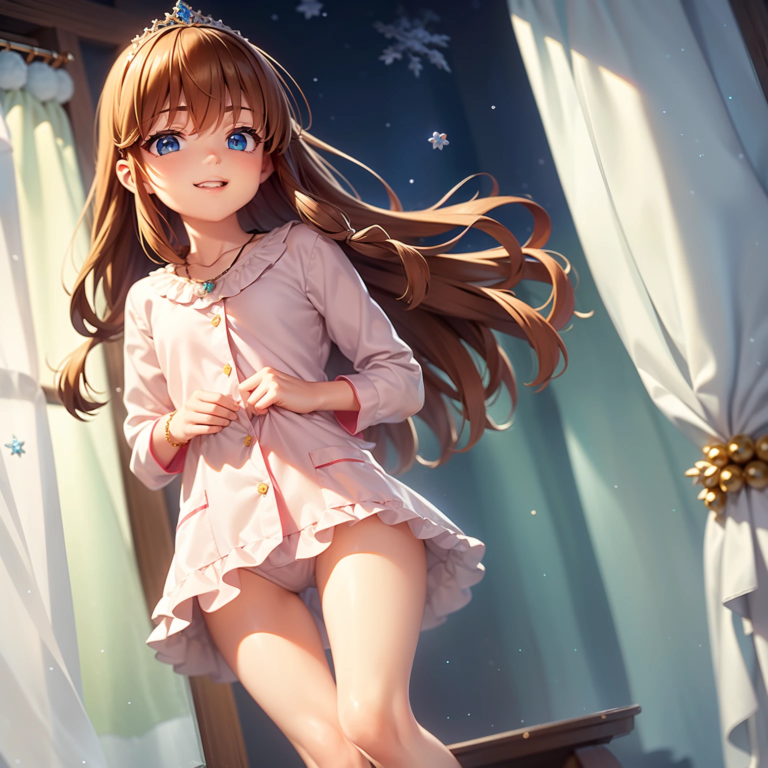 solo, happiness, joyful, Ultra-detailed, Photorealistic, vibrant colors, snowfield, snow, (lonesome cold (winter night) background), pines, bed, curtains, falling snowflakes, cute selfish 1girl villain princess, wicked grin, mean, standing, walking, ((flat chest)), skinny, very thin legs, anorexic, ((young)), (floral pajama set), pajama pants, ribbon, shopping handbag, school bag, purse, brown hair, luxurious jewelries, expensive necklaces, pearls, pendants, bracelets, earrings, ((tiara)), (glowing shiny magical blue eyes), (looking down at viewer), hair ribbon, hair flower, (from below), (depth of field), cinematic lighting, close-up, masterpiece, (anatomically correct)
