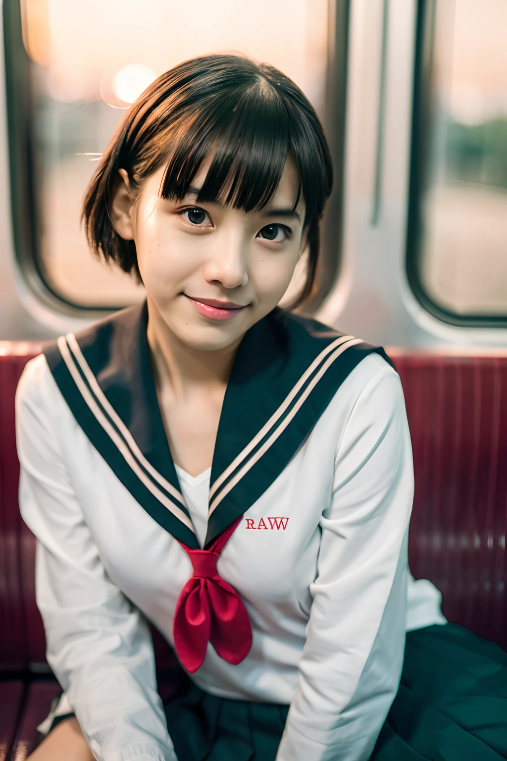 (raw, Best Quality, masutepiece:1.5), (photographrealistic, Intricate details:1.2), 超A high resolution, absurderes, 1girl in, Beautiful face, a smile,symmetrical eye, Light on Face, Front view, Short hair, Twin-tailed, (serafuku, Student Sailor Uniform:1.2), Pleated skirt, White socks, Black shoes, medium breasts, Plump, Real skin texture, (facing:1.2), Sitting, On the train, Shy, blush, Sunset, Bokeh, Film grain, Natural lighting, The best lighting, Detailed background, detailed shadow, Sharp Focus, Depth of field f/2,