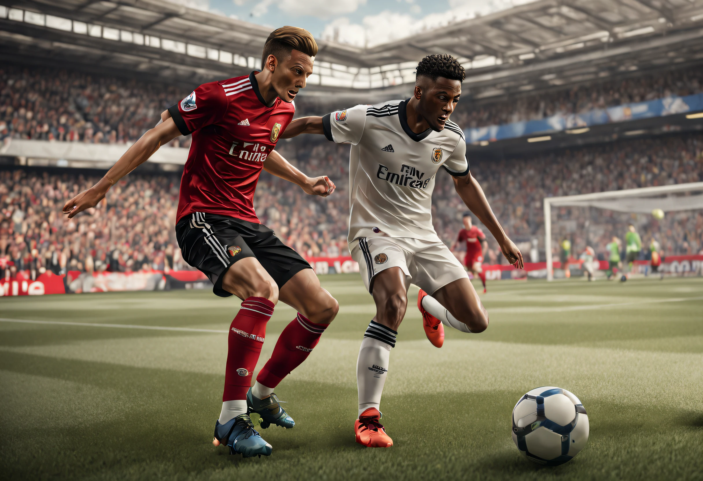 (best quality, 4k, 8k, high resolution, masterpiece: 1.2), ultra-detailed, (realistic, photorealistic, photorealistic: 1.37),A photo of a soccer player kicking a ball while another player tries to block it.