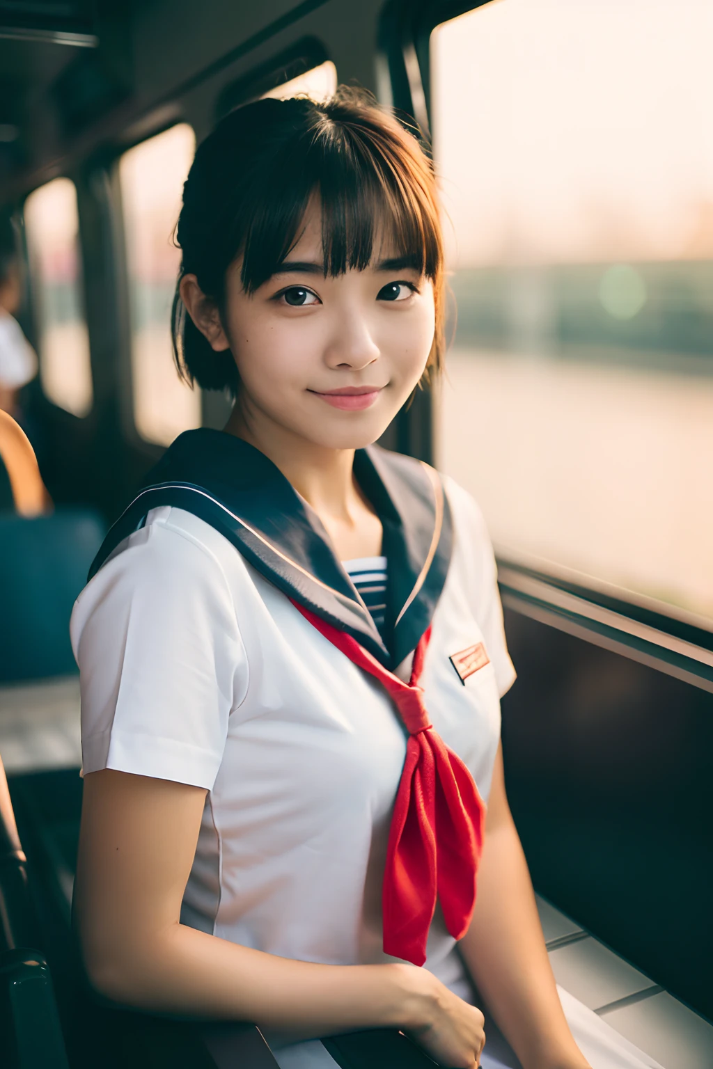 (raw, Best Quality, masutepiece:1.5), (photographrealistic, Intricate details:1.2), 超A high resolution, absurderes, 1girl in, Beautiful face, a smile,symmetrical eye, Light on Face, Front view, Short hair, Twin-tailed, (serafuku, Student Sailor Uniform:1.2), Pleated skirt, White socks, Black shoes, medium breasts, Plump, Real skin texture, (facing:1.2), Sitting, On the train, Shy, blush, Sunset, Bokeh, Film grain, Natural lighting, The best lighting, Detailed background, detailed shadow, Sharp Focus, Depth of field f/2,