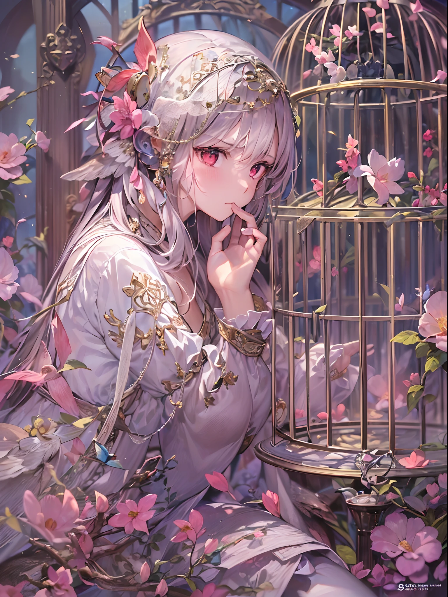 Finest quality)),(超A high resolution),(ultra-detailliert),(Meticulous portrayal),((Best Anime)),(Finest works of art),sharpnes,Clair,Ultra-Precision Art,The art of astounding depiction,Beautiful fantasy art with intricate and detailed details, (1人の女性:1.5),(saddened:1.5),sorrowful, (She is trapped in a birdcage:1.5),in a bird cage