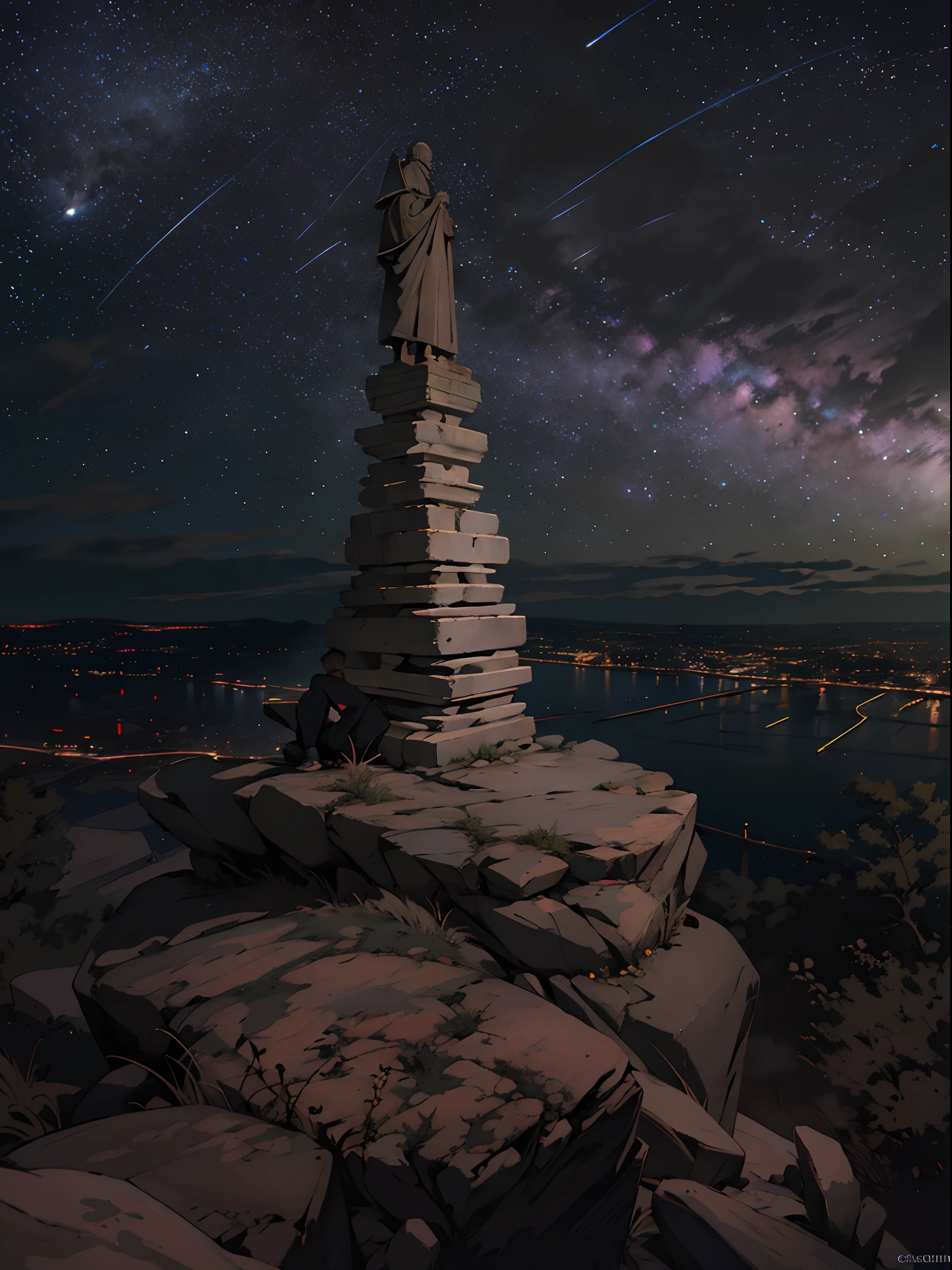 Gargola de piedra meditando en la cima del temolo notredame,hambiente tetrico,bajo la lluvia,noche oscura,rallos y truenos,en las alturas,acagchado en un saliente,dimonaco,guardian,