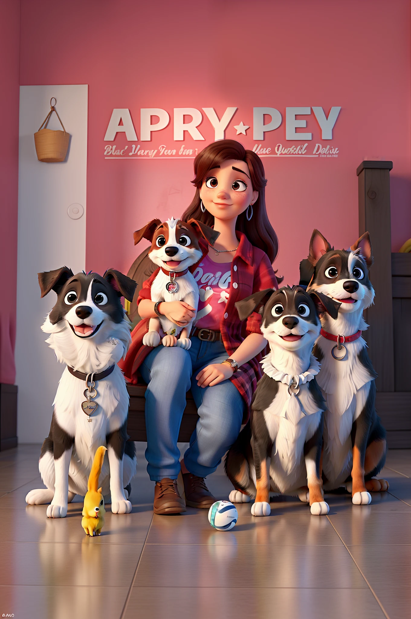 Uma mulher sentada com uma blusa vermelha escuro estilo Disney Pixar, holding a white Jack Russell Terrier puppy on his lap, On his left side a white and black border collie dog, ao lado direito dois cachorros sentados, alta qualidade, melhor qualidade, disney pixar ia, qualidade HD