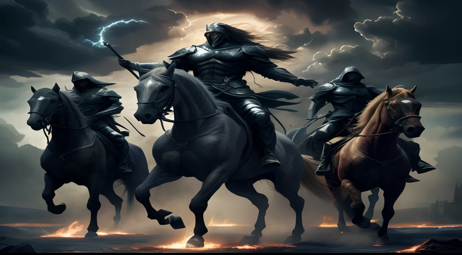 Three men riding horses in a field with a lightning bolt in the sky, Quatro Cavaleiros do Apocalipse, Cavaleiros do Apocalipse, wraiths riding in the sky, O Terceiro Cavaleiro, powerful fantasy epic legends, Epic Fantasy Digital Art Style, Dark epic fantasy, epic fantasy digital art, epic fantasy HD art style, fantasia sombria medieval, arte de estilo fantasia escura