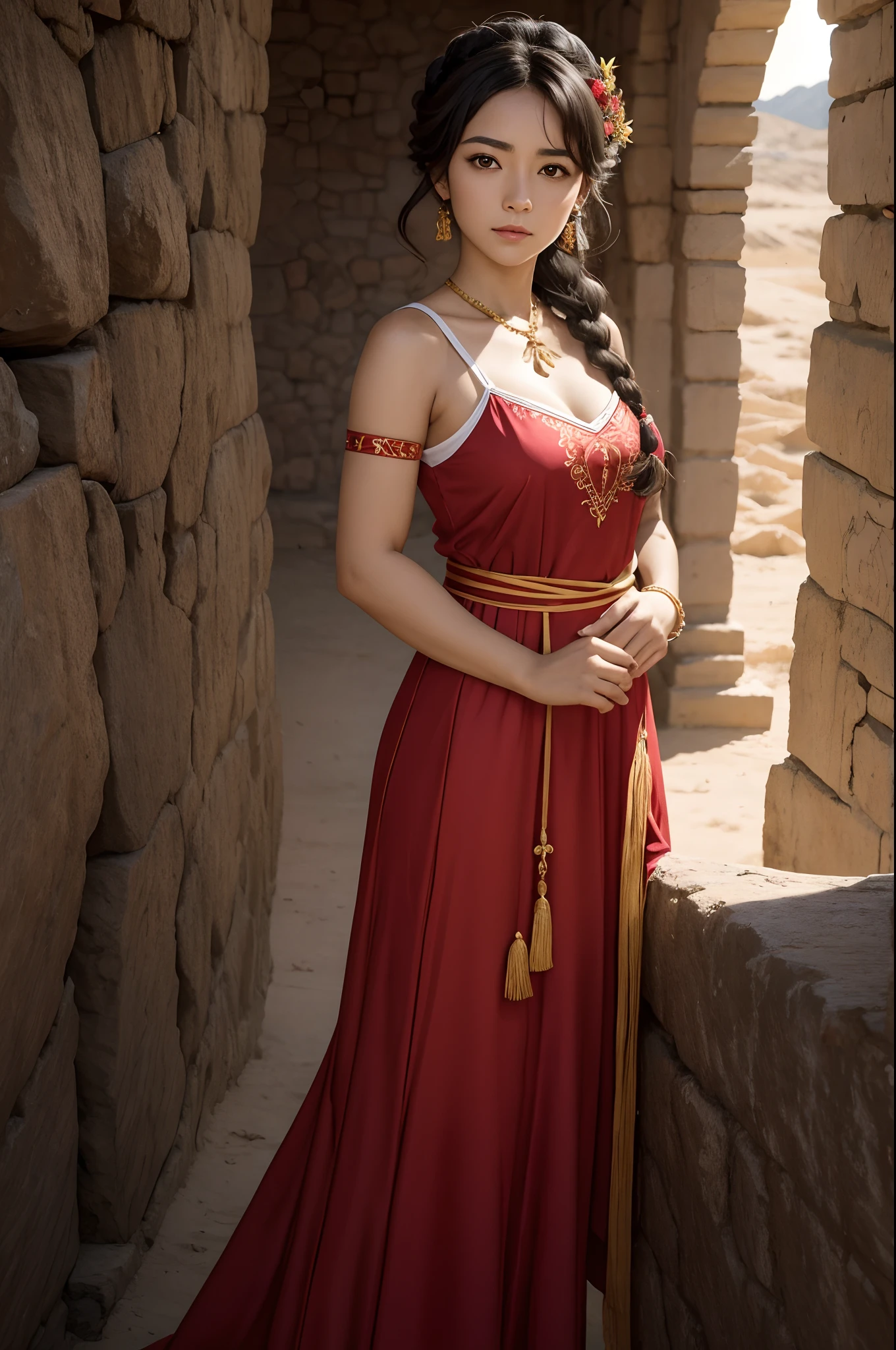 Kumiko Kurozawa, 29 anos, em um longo vestido vermelho com fendas laterais, coxas expostas, pele clara, "PALE SKIN", tecido drapeado, vestido cor vermelha com detalhes dourados , gold armbands, longos braceletes de ouro, colar gargantilha de douro, tiara dourada, brincos grandes de argola, faixa dourada, pose majestosa, black hair with braids, Curvilinear athletic body, olhos claros, look-at-camera, facial expression of tenderness, perspectiva de corpo inteiro, Romantismo, Teatro do Deserto, Palco de teatro, Scenic light, Drapeja.