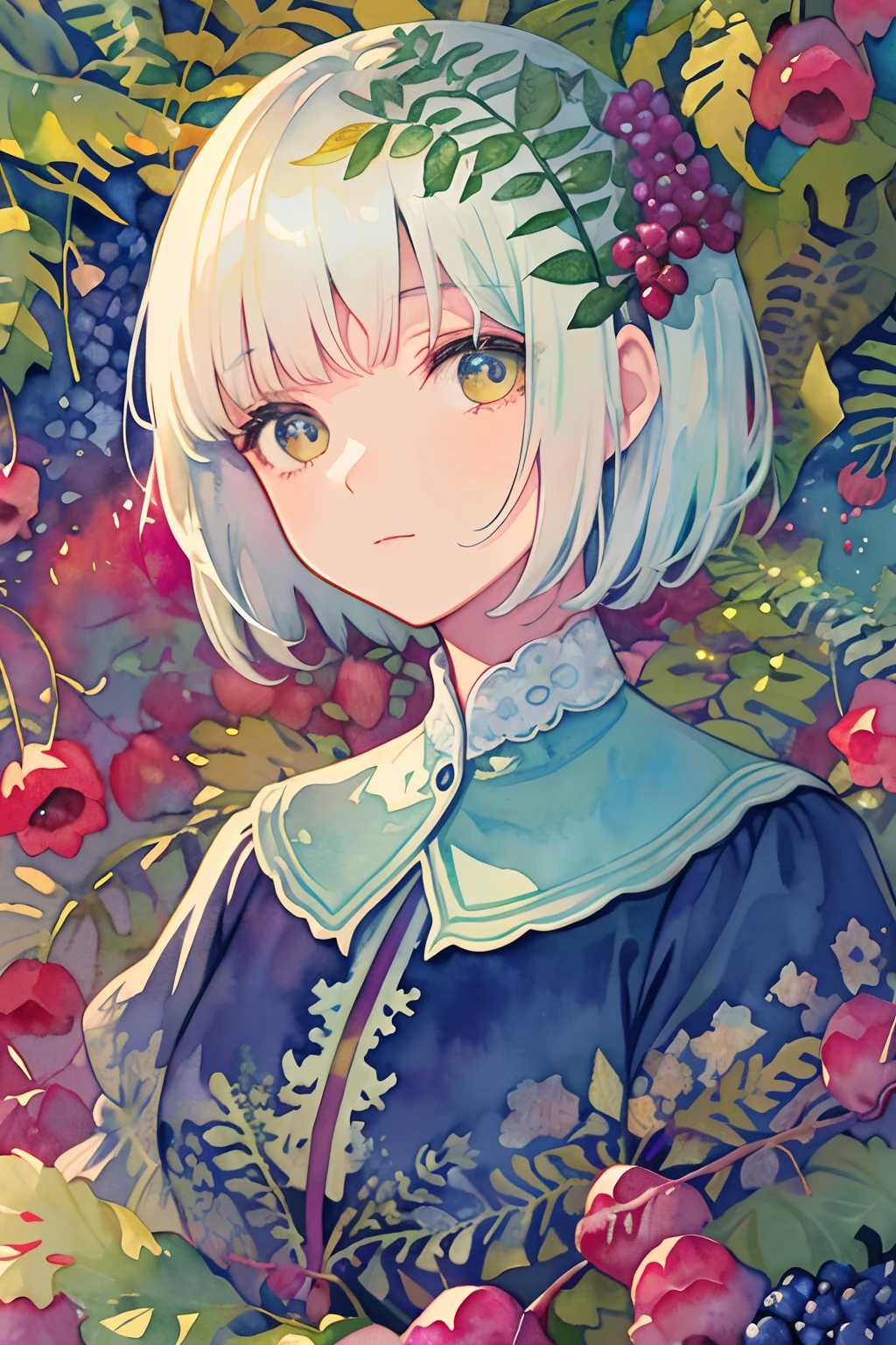 ((Super detailed), #3B4195 Background, Beautiful flowers, Berries, Ferns, leaves, watercolor pattern of soothing colors), (Watercolor texture), ((1 girl), Short hair, Cute,