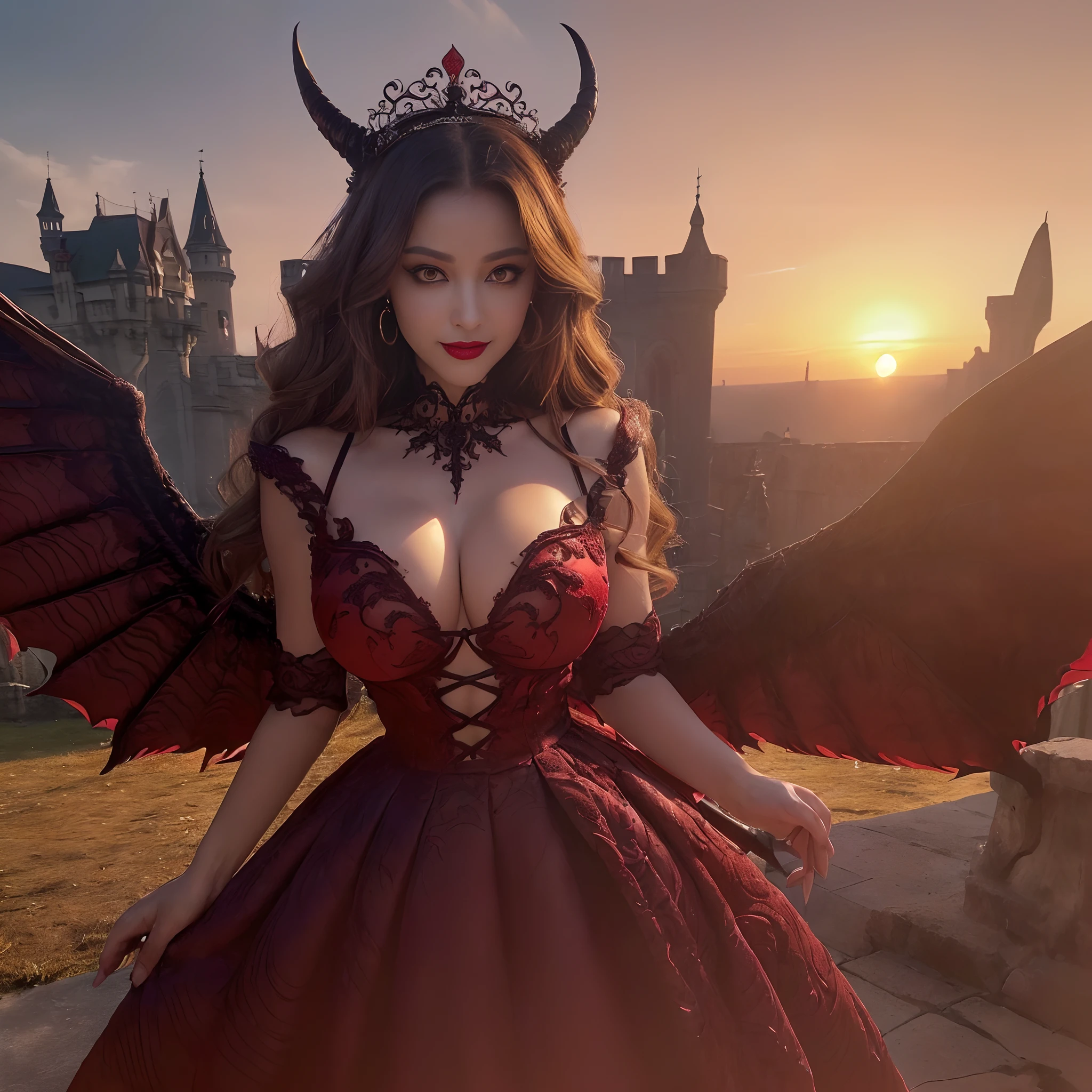 ((eyes glowing red,Glowing red eyes,Glowing red eyes)),((A very beautiful demon queen,Wings with the most realistic and intricate textures,The most detailed and intricate wing textures,Luxurious long dresses,The background is a complex and detailed castle exterior,Giant Devil Tiara,Big Princess Dresses,Final form as a complete demon,The Devil's Masterpiece,Frightening giant wings,Huge and intricate demon wings,Big Devil's Horn,Realistic and big horns,Creepy horns,Wings with a very elaborate texture,Wings with a very complex texture,Creature wings with a very realistic texture,Wings of a terrifying monster,The most intricate and luxurious gothic dresses,Bright red lipstick, red eyes,The most gorgeous princesses dress up with achievements,The most beautiful princesses in the world,Spooky and beautiful demons,The cutest face,Intricate and solemn black dress,Evil and beautiful demon,The most majestic appearance of the Demon Queen,Huge Queen Tiara,The most complex depictions of demons,Accurate reproduction of perfect demonic details,The appearance of an unimaginably gorgeous demon,The unimaginably huge and beautiful appearance of the demon,Complex medieval European castle in the background,The most intricate and detailed castle exterior,The perfect castle,With the sunset and the castle in the background,Castle dyed in the sunset,Fantastic sunset,Romantic sunset,spectacular movie lighting,Sparkling sunset)),((Most beautiful face,Half Japan and half Spanish,The happiest smile,Beautiful wavy hair,The most luxurious and intricate dresses,The biggest smile staring at the camera,Chest that seems to burst,A dress that tightens the waist,Slimed,Colossal tits,Emphasize body lines,Giant wings of the devil,masutepiece,8K,very intricate,ultra-detailliert))