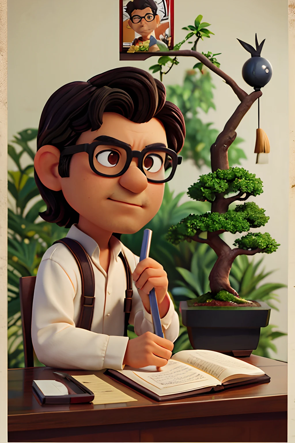 poster de pelicula de: Curly black haired man with glasses at his table inside his garden pruning a bonsai tree, Prune the bonsai with books around it and a pencil over the ear, Movie poster style, estilo pixar.