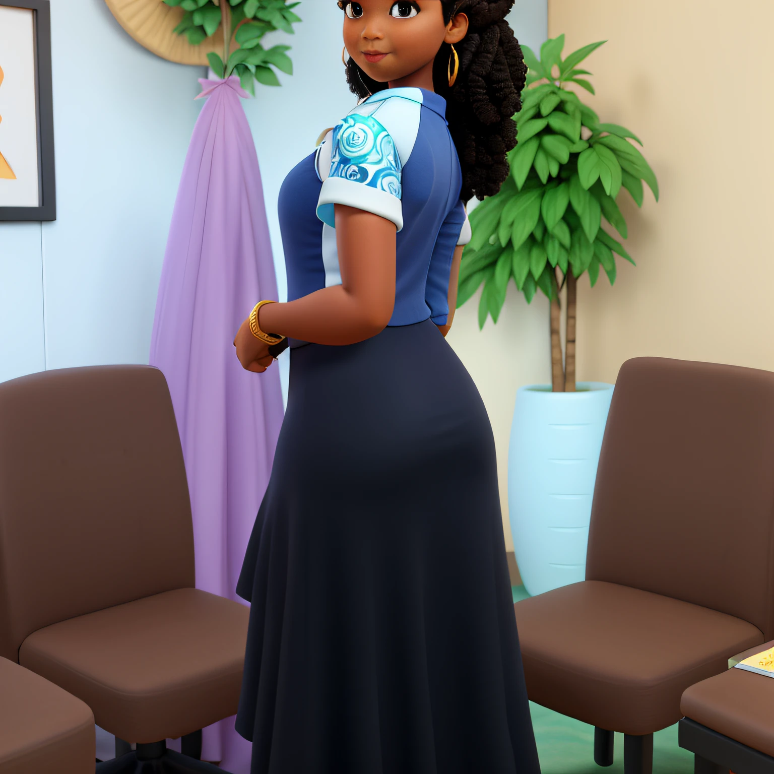 Uma mulher afro de vestido, morena, cabelo cacheado, cabelo ondulado, estilo disney pixar, alta qualidade, melhor qualidade