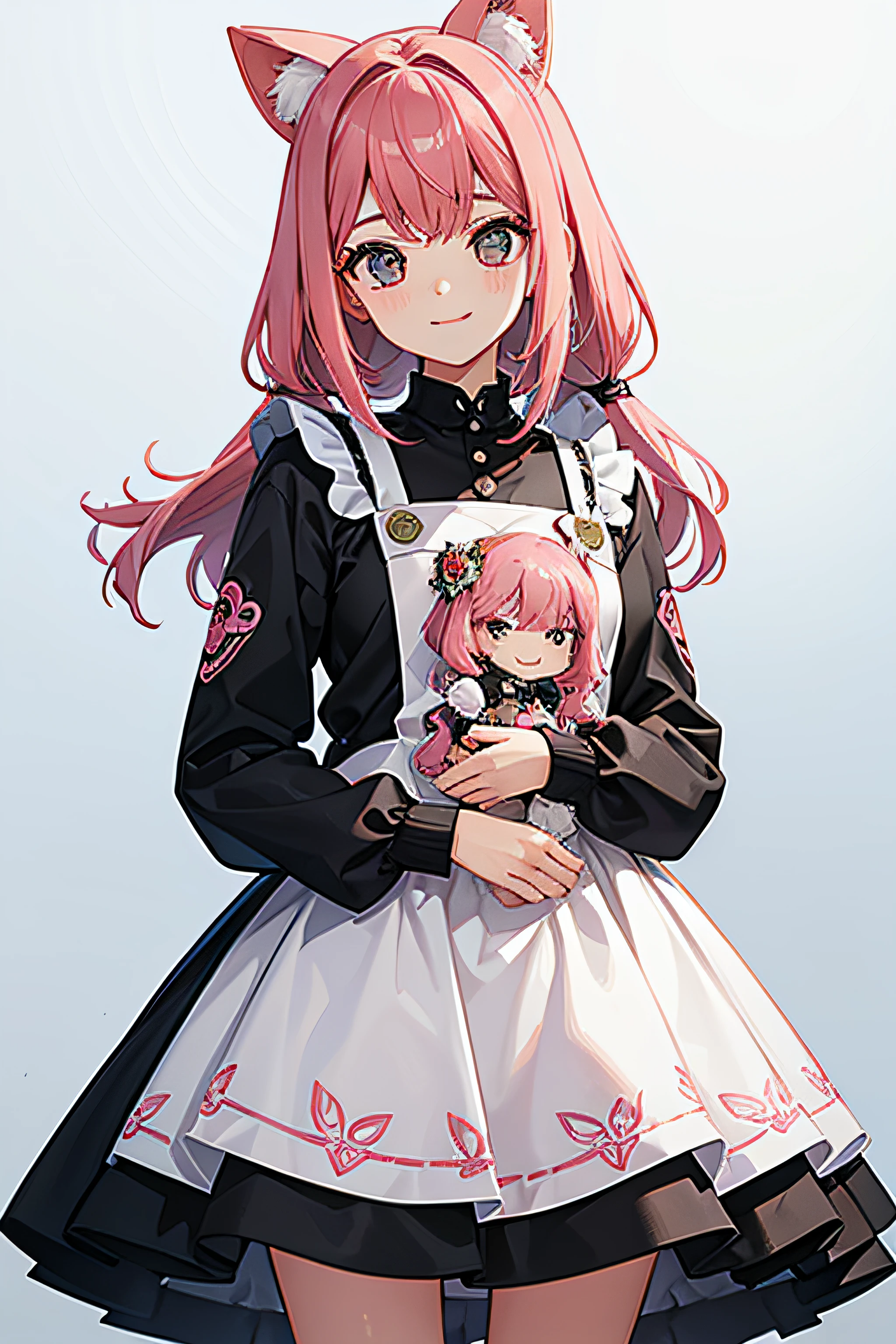 faz uma com cabelo rosa e mecha preta, rosto fofo sorrindo, uma roupa rosa fofa e tenis fofo tambem
