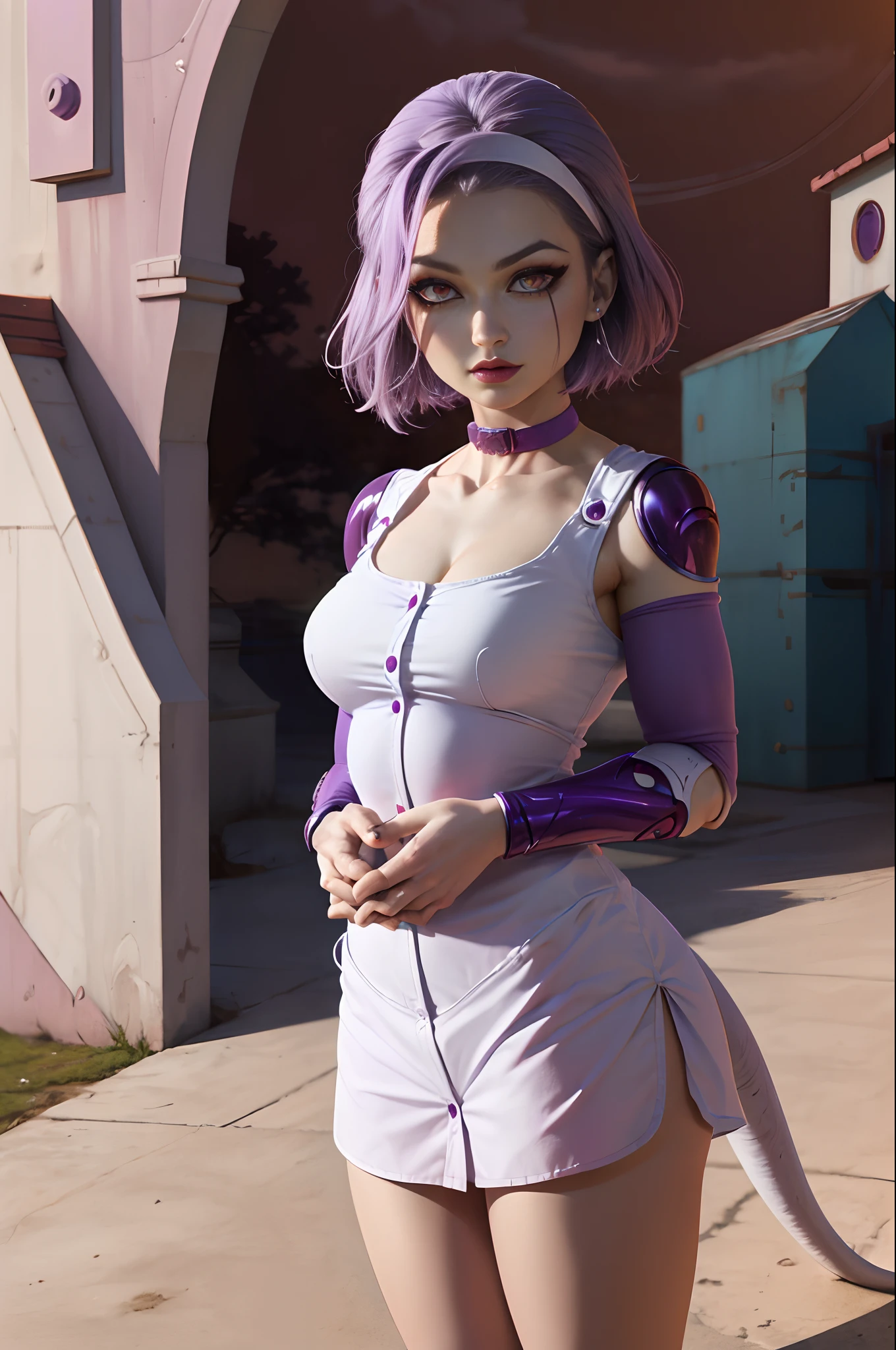 masterpiece, best quality, outdoor, cosmieyes, reimisugimotojojo + Frieza, fusion, 1girl, solo, looking at viewer, upper body, (purple hair, white skin:1.2), reddish pink eyes, clenched hands, earth \(planet\), full body, looking at spectator, female focus, tail, planet, solo, space