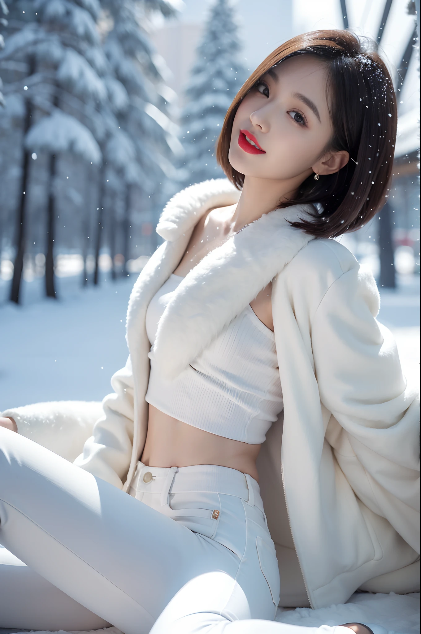 best quality, 4k, 8k, Detailed faces, clear face, a pretty girl, Korean makeup, Red lips,laugh, perfect body,shoulder length straight bob hair,small breasts,thigh,slim,thin, The girl wears a wide white mink fur coat, Underneath the jacket was white sweater and skinny pants, Snowscape, winter, snow town,from back