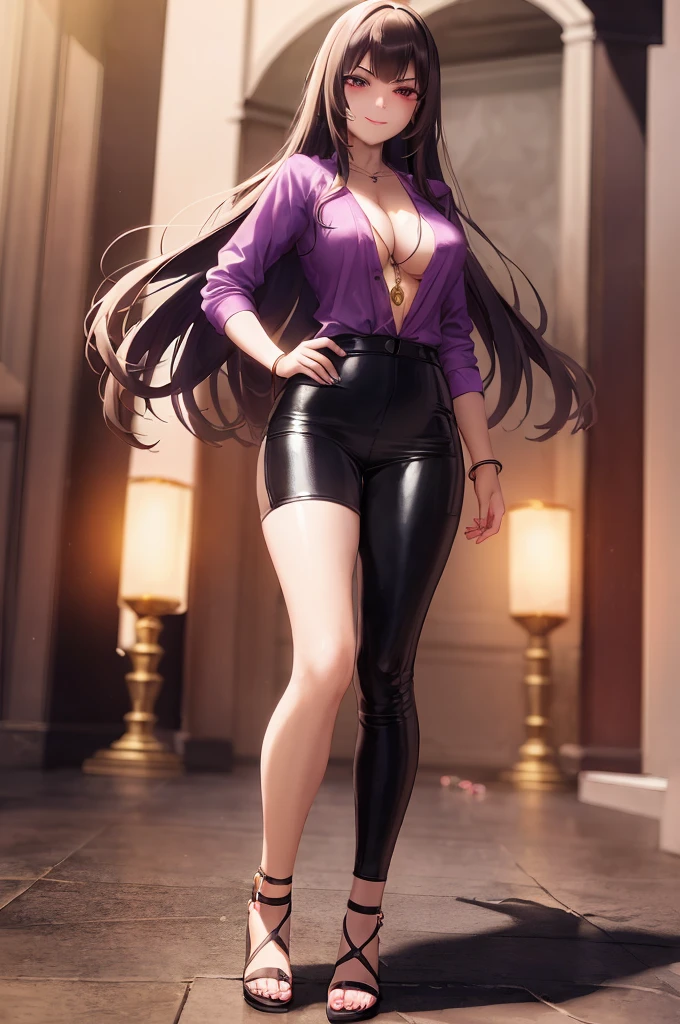 1girl, necklace, long_hair, jewelry, breasts, rating:safe, cleavage, high_heels, indoors, looking_at_viewer, standing, hand_on_hip, sandals, bangs, large_breasts, solo, bracelet, collarbone, nail_polish, full_body, toenail_polish, toes, skirt, pendant, long_sleeves, eyebrows_visible_through_hair, shiny, blush, brown_hair, lips, open_toe_shoes, fingernails, legs, smile, shiny_hair