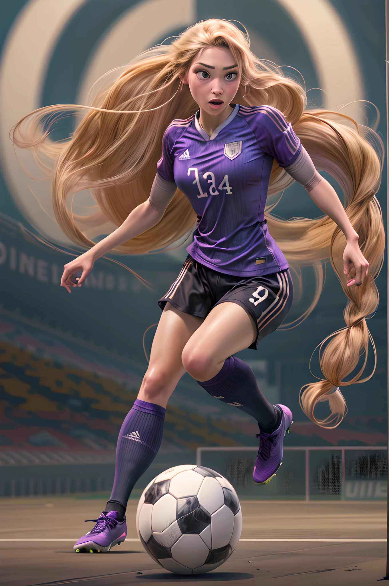 RPG art, fantasy art, a Disney rapunzel is playing soccer, rapunzel  wears purple shirt a black uniform, long blond hair, braided hair, she kicks (soccer ball: 1.3) and runs towards the goal, modern soccer stadium background, high details, best quality, 16k, [ultra detailed], masterpiece, best quality, (extremely detailed), full body, ultra wide shot,