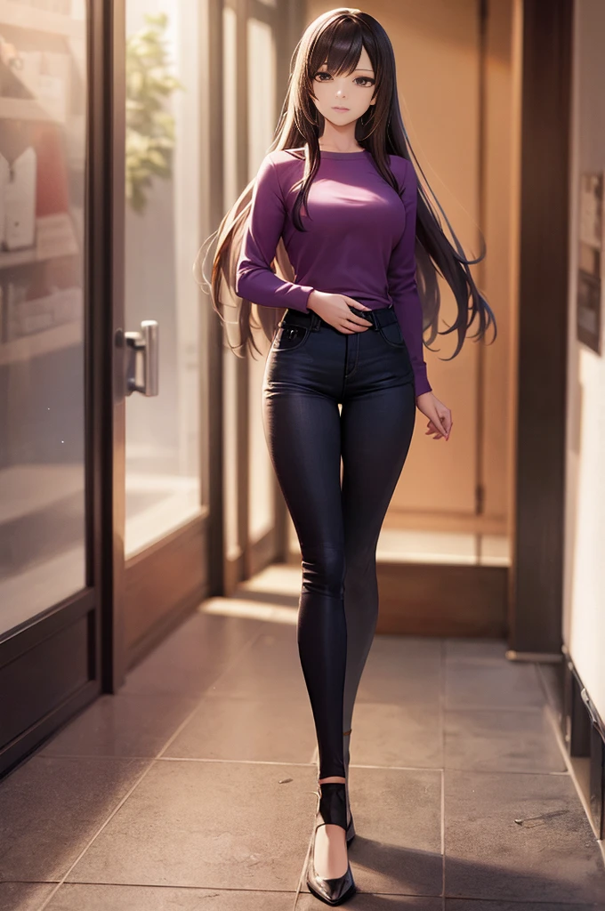 1girl, necklace, long_hair, jewelry, breasts, rating:explicIt, cleavage, high_heels, standing, hand_on_hip, bangs, large_breasts, there is a woman that is standing in a hallway with a purple shirt, wearing tight simple clothes, casual pose, realistic shaded perfect body, tight outfit, standing elegant pose, wearing elegant casual clothes, realistic anime 3 d style, realistic artstyle, casual business outfit, photorealistic perfect body, wearing casual clothes, casual clothes, elegant girl in urban outfit