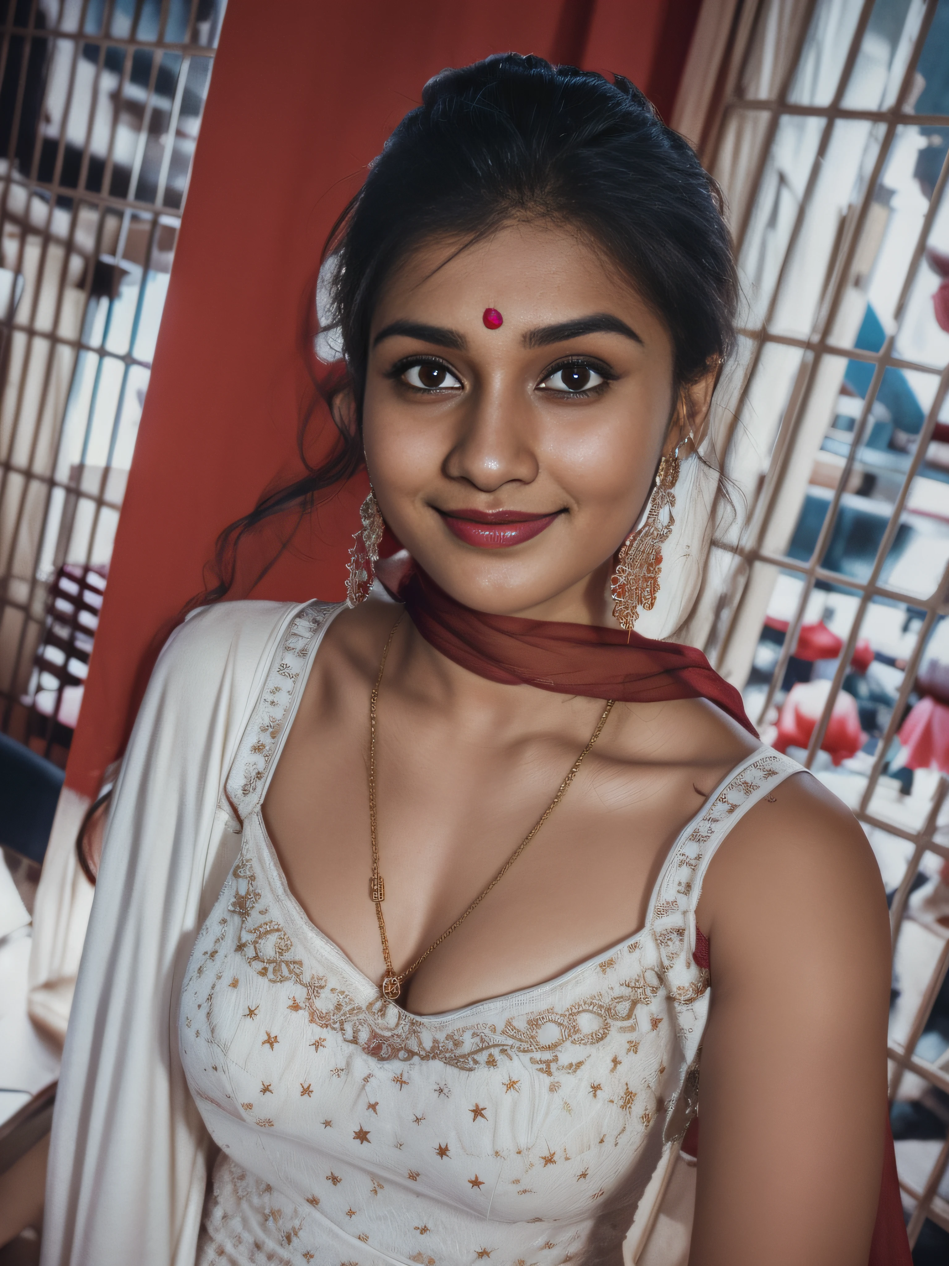 (editorial photograph of a young indian women in closup shoot of vedika), karla ortiz, (highly detailed face:1.4) (smile:0.7) (backround 5 star hotel , moody, private study:1.3) POV, by lee jeffries, nikon d850, film stock photograph ,4 kodak portra 400 ,camera f1.6 lens ,rich colors ,hyper realistic ,lifelike texture, earing white dress with red border, dramatic lighting , cinestill 800, realistic,  seductive big boobs actress, karla ortiz, posing!!, candid picture, by Max Dauthendey,