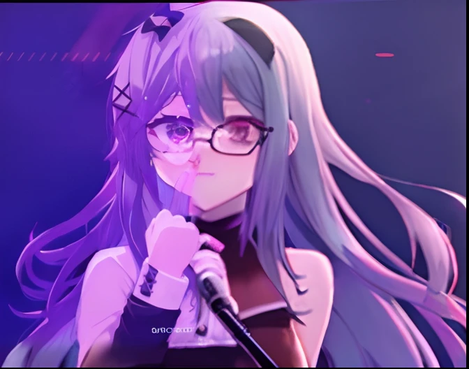 anime girl with long hair and glasses holding a microphone, portrait gapmoe yandere grimdark, nightcore, [[[[grinning evily]]]], gapmoe yandere, anime moe artstyle, gapmoe yandere grimdark, “uwu the prismatic person, rin, kda, with huge luminous sad eyes, yandere, ahegao
