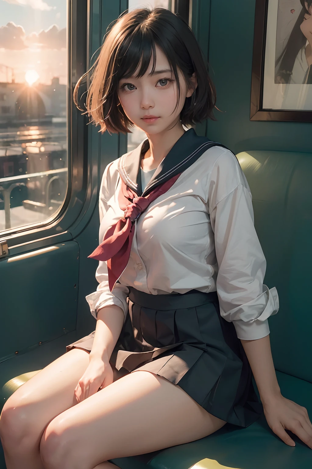 (raw, Best Quality, masutepiece:1.5), (photographrealistic, Intricate details:1.2), 超A high resolution, absurderes, 1girl in, Beautiful face, a smile,symmetrical eye, Light on Face, Front view, Short hair, Twin-tailed, (Short Student Sailor Suit:1.2), Short pleated skirt, White socks, Black shoes, medium breasts, Plump, Real skin texture, (Facing:1.2), Sitting, On the train, Shy, blush, Sunset, Bokeh, Film grain, Natural lighting, The best lighting, Detailed background, detailed shadow, Sharp Focus, Depth of field f/2,