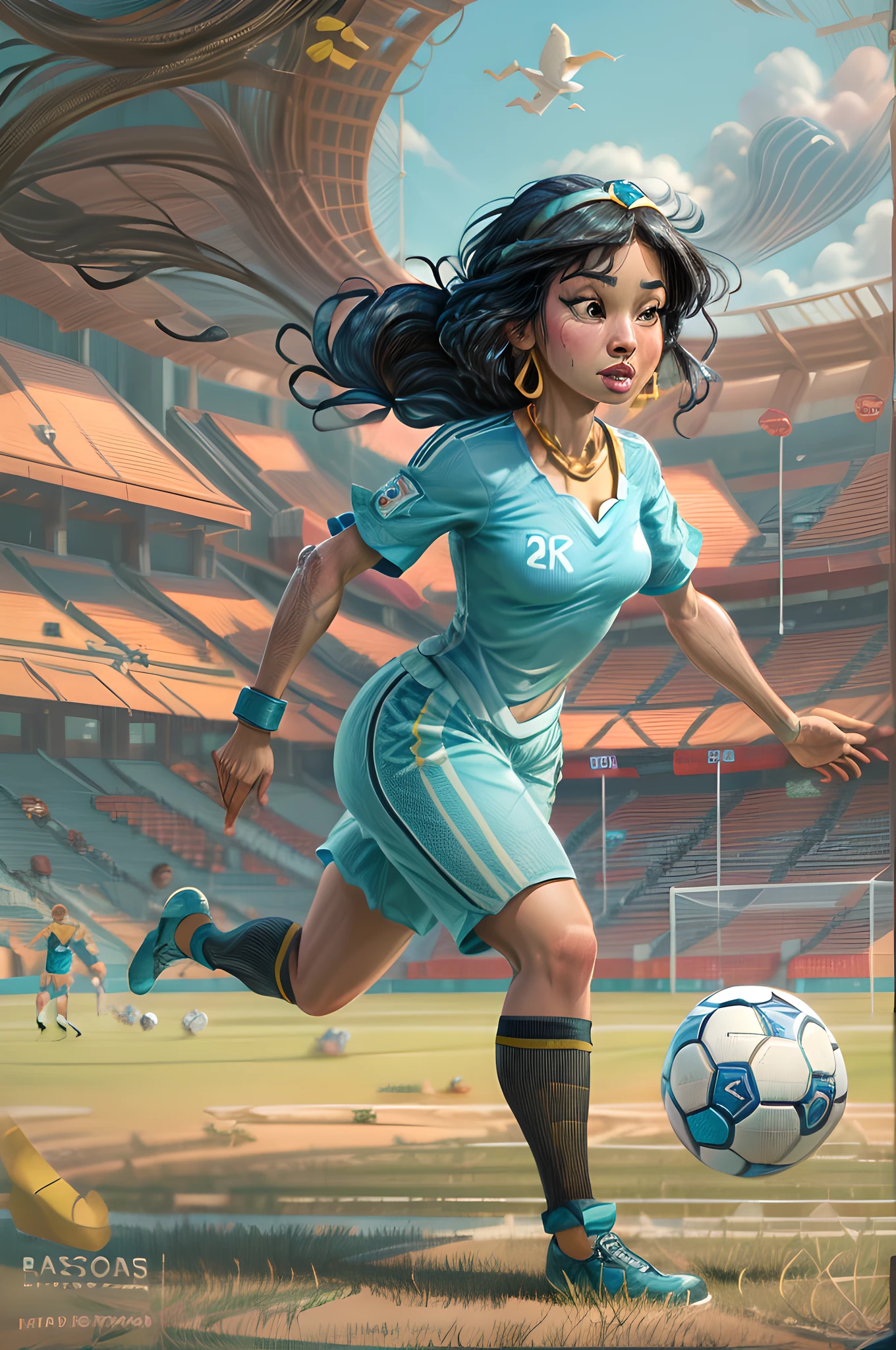 RPG art, fantasy art, a Disney Jasmine from Aladin is playing soccer, JasmineWaifu she wears light blue shirt a black uniform, she wears a hair band black hair, hair in  a bun, she kicks (soccer ball: 1.3) and runs towards the goal, modern soccer stadium background, high details, best quality, 16k, [ultra detailed], masterpiece, best quality, (extremely detailed), full body, ultra wide shot,