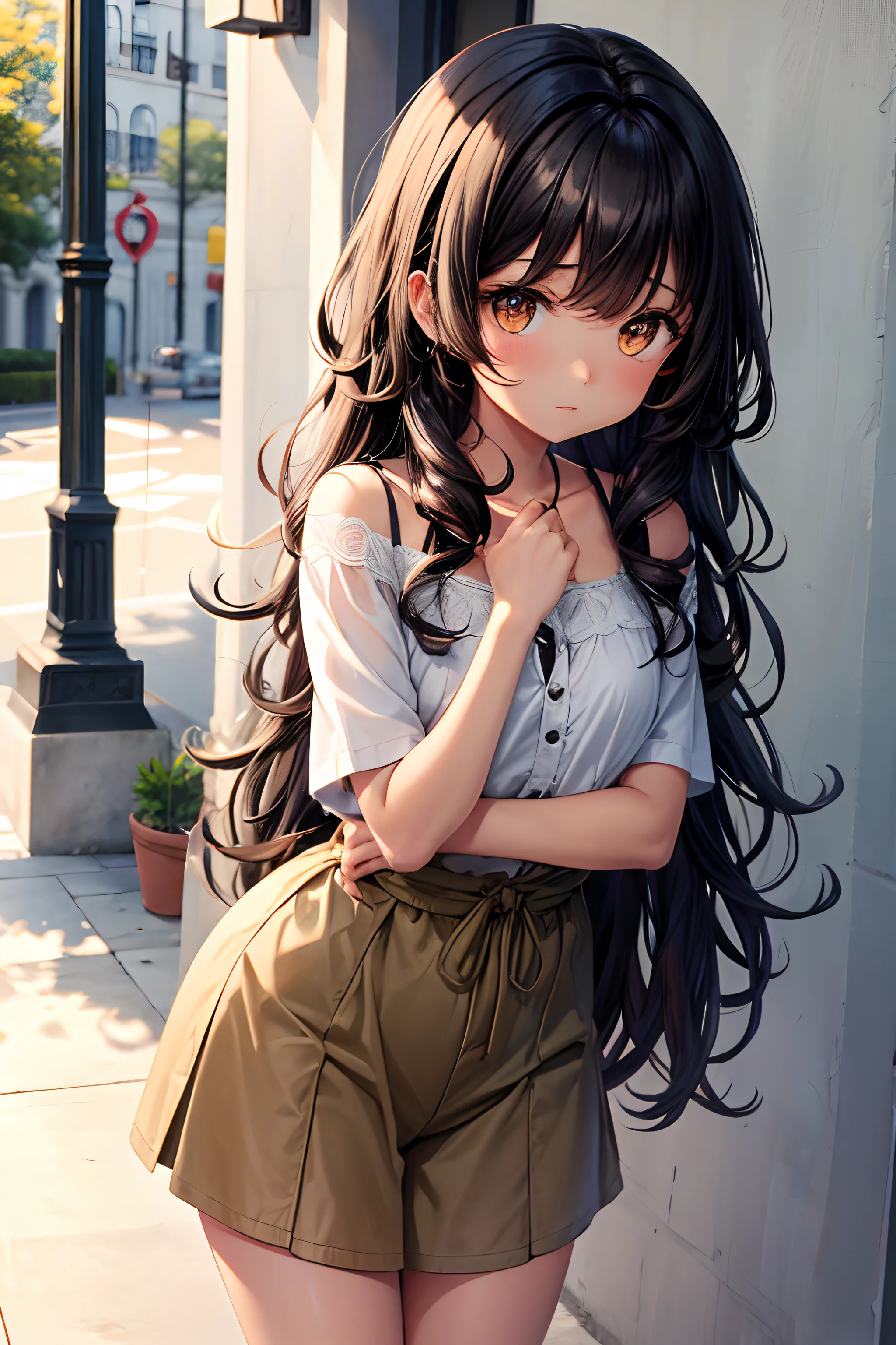 Short girl, olive skin tone, long black curly hair, shy