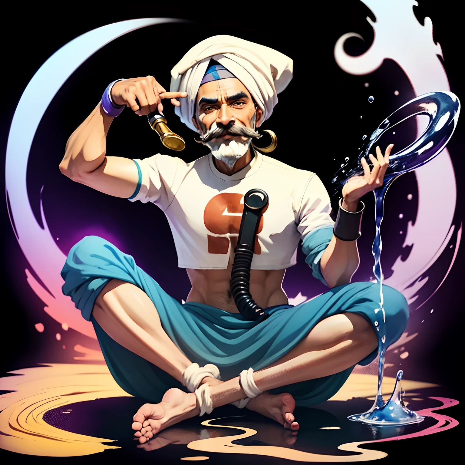 Sticker. A very dynamic scene. A very cheerful Indian fakir in a turban with a thin long mustache is sitting in the lotus position, playing the pipe, leaning forward in front of the camera. A cobra out of a bag dances in front of him. close-up, White background, splashes of water and leaves in all directions. oil paint, watercolor and ink --auto --s2