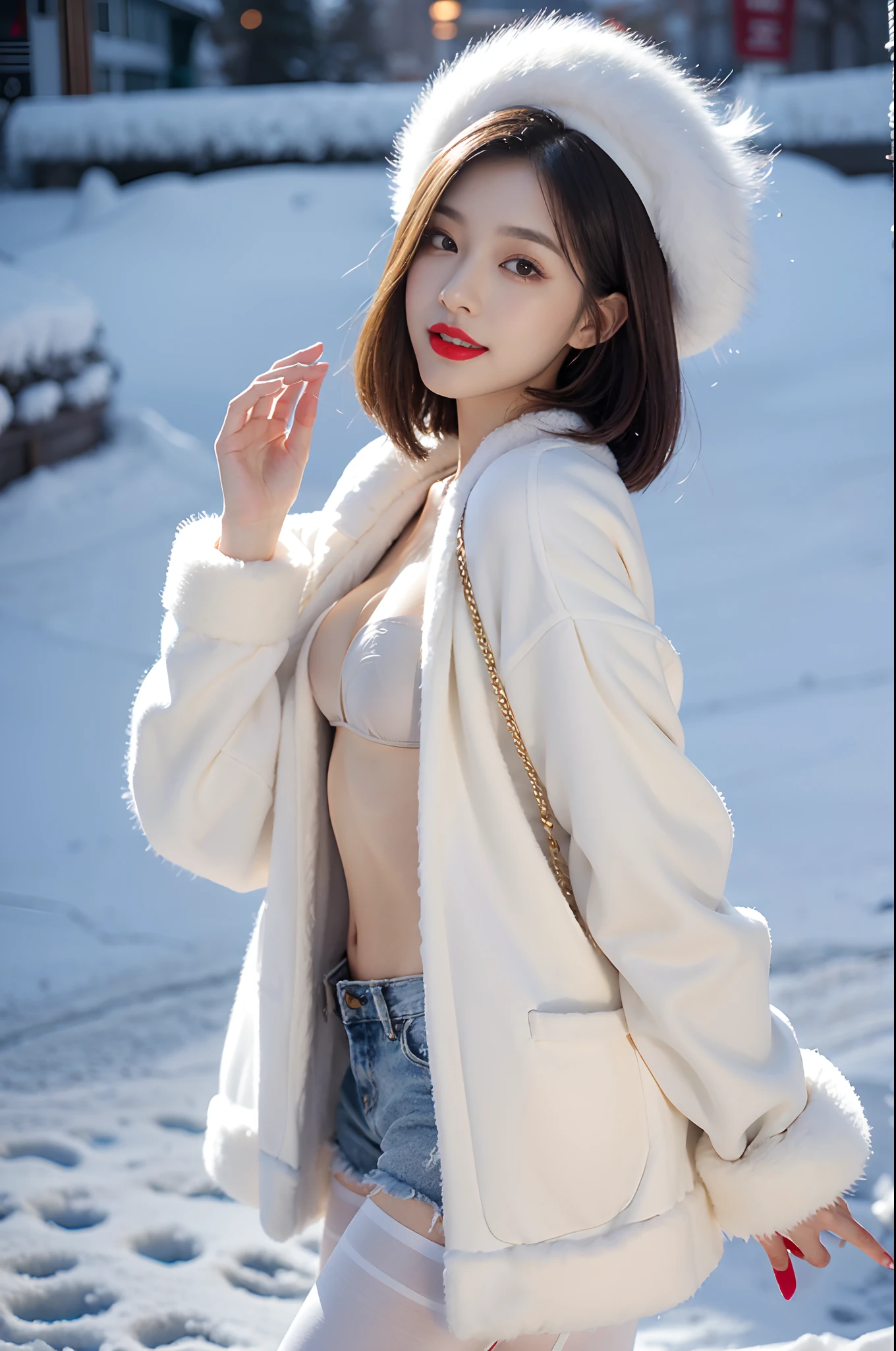 best quality, 4k, 8k, Detailed faces, clear face, a pretty girl, Korean makeup, Red lips,laugh, perfect body,shoulder length straight bob hair,small breasts,thigh,slim,thin, The girl wears a wide white mink fur coat, Underneath the jacket was white sweater and pantyhose, Snowscape, winter, snow town,from back