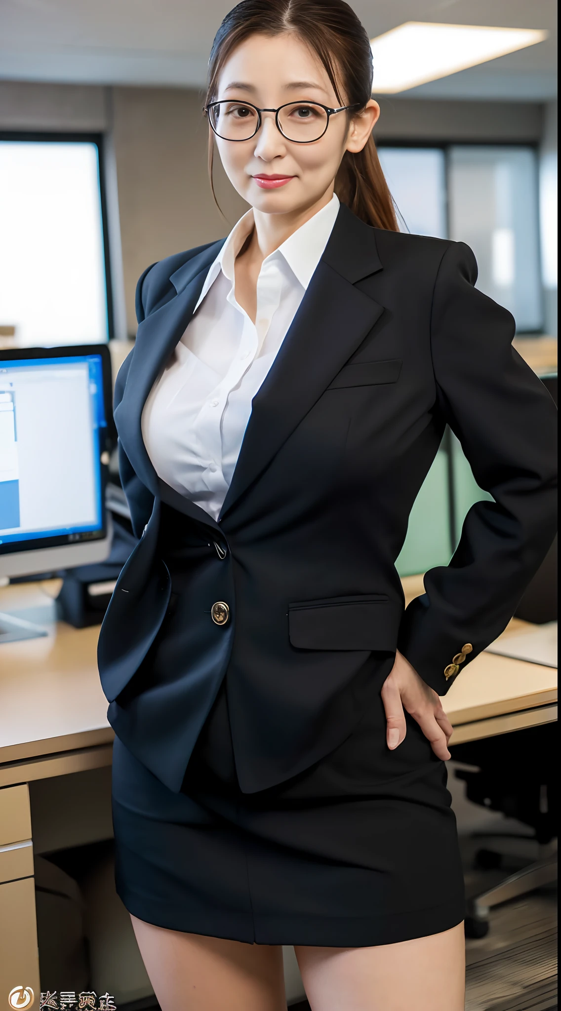 ((best quality, 8K, absurdres:1.1)), (photorealistic: 1.4), (Raw foto:1.2), japanese,women ,60 years old,BLACK Business Suit Skirt,enormous breasts, Glasses,Short ponytail,erect through,put hands on the hip,Inside the office