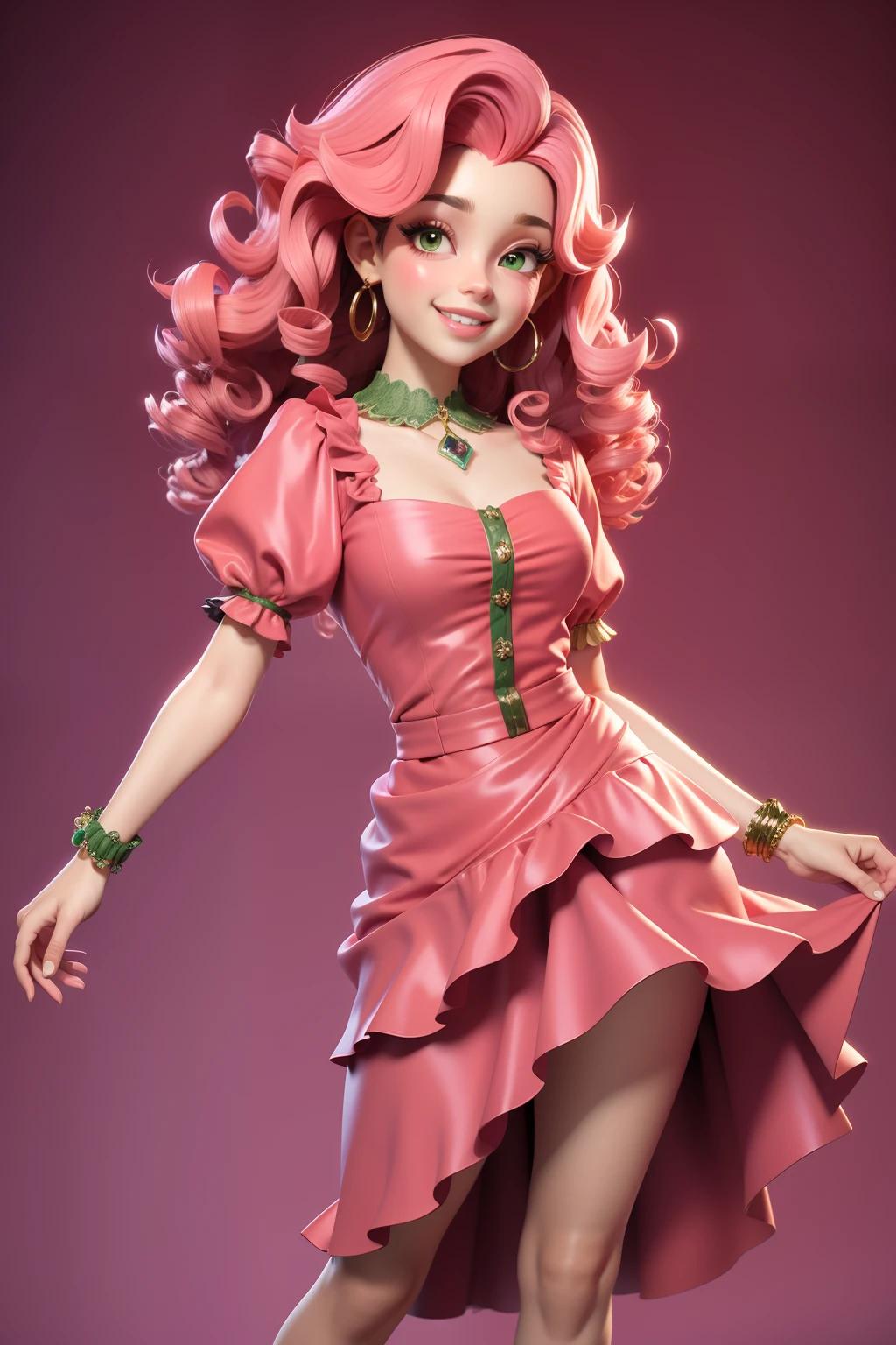 master part, best quality, Rendering job ..3d, Estilo ..3dMM, ..3d, 1mulher, sozinho, cabelos vermelhos, Sardas, jewelries, Olhando para os lados, Realistic, Comprimento total, fundo simples claro, franja amarela, Desviando o olhar, medium curly hair, separated-lips, olhos verdes, maquiagem, roupa rosa, sorrindo, Dentes bonitos, sapatos amarelos